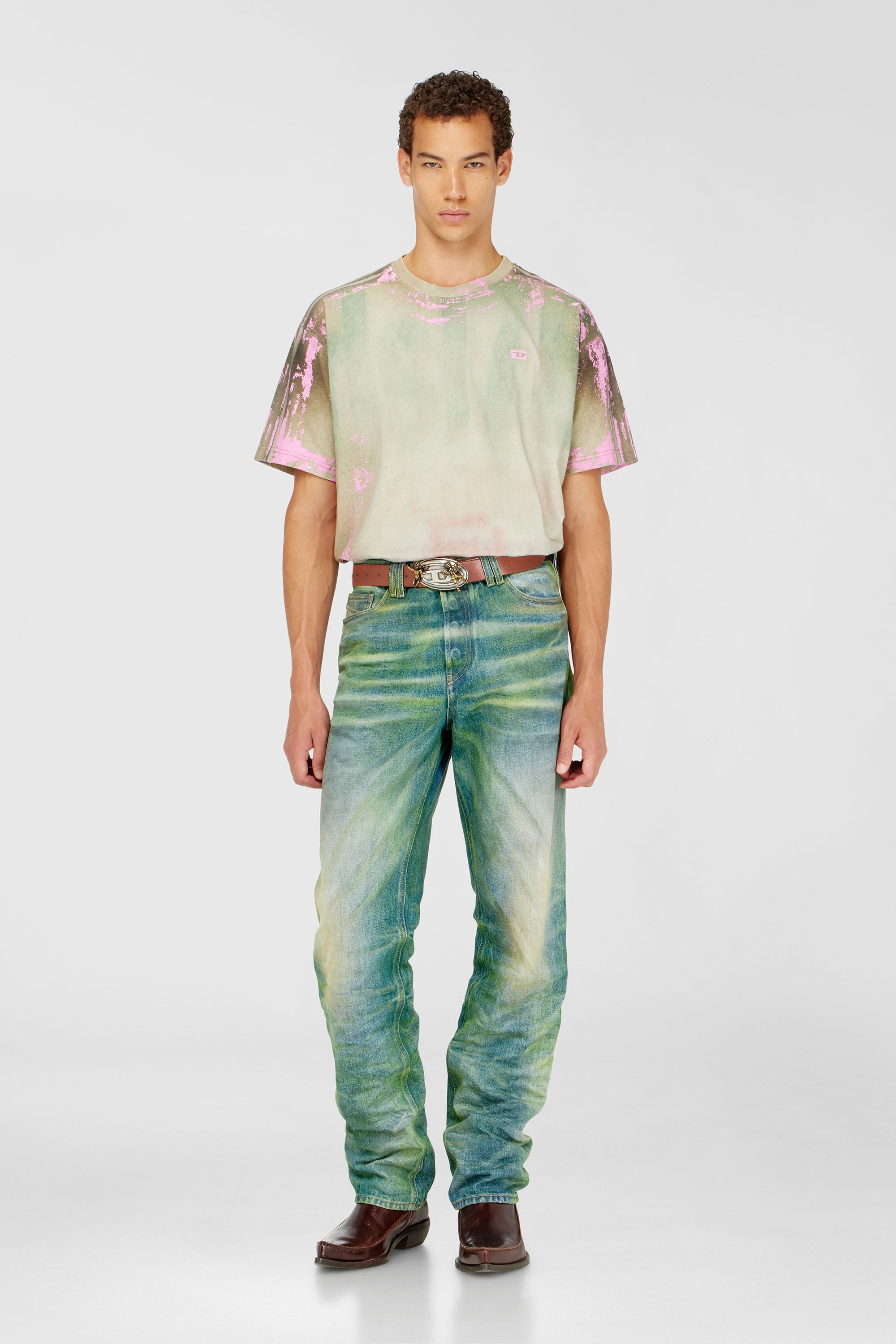 Diesel - T-FILMY-SHO, Man's T-shirt in cracked leather-effect jersey in Pink/Green - 2