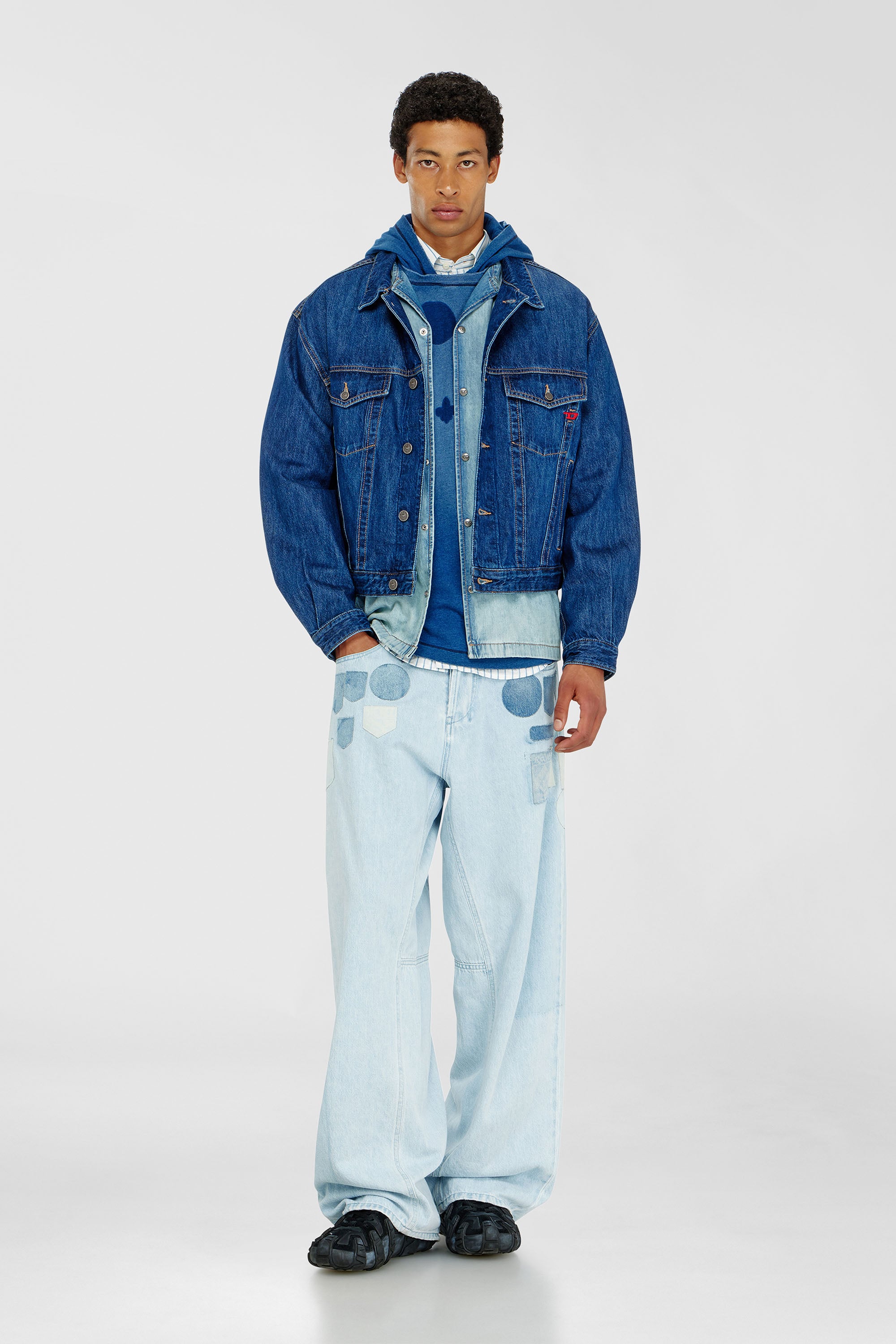 Diesel - T-NOX-LS-HOOD, Man's Hooded long-sleeve T-shirt with shadow-effect patches in Medium blue - 2
