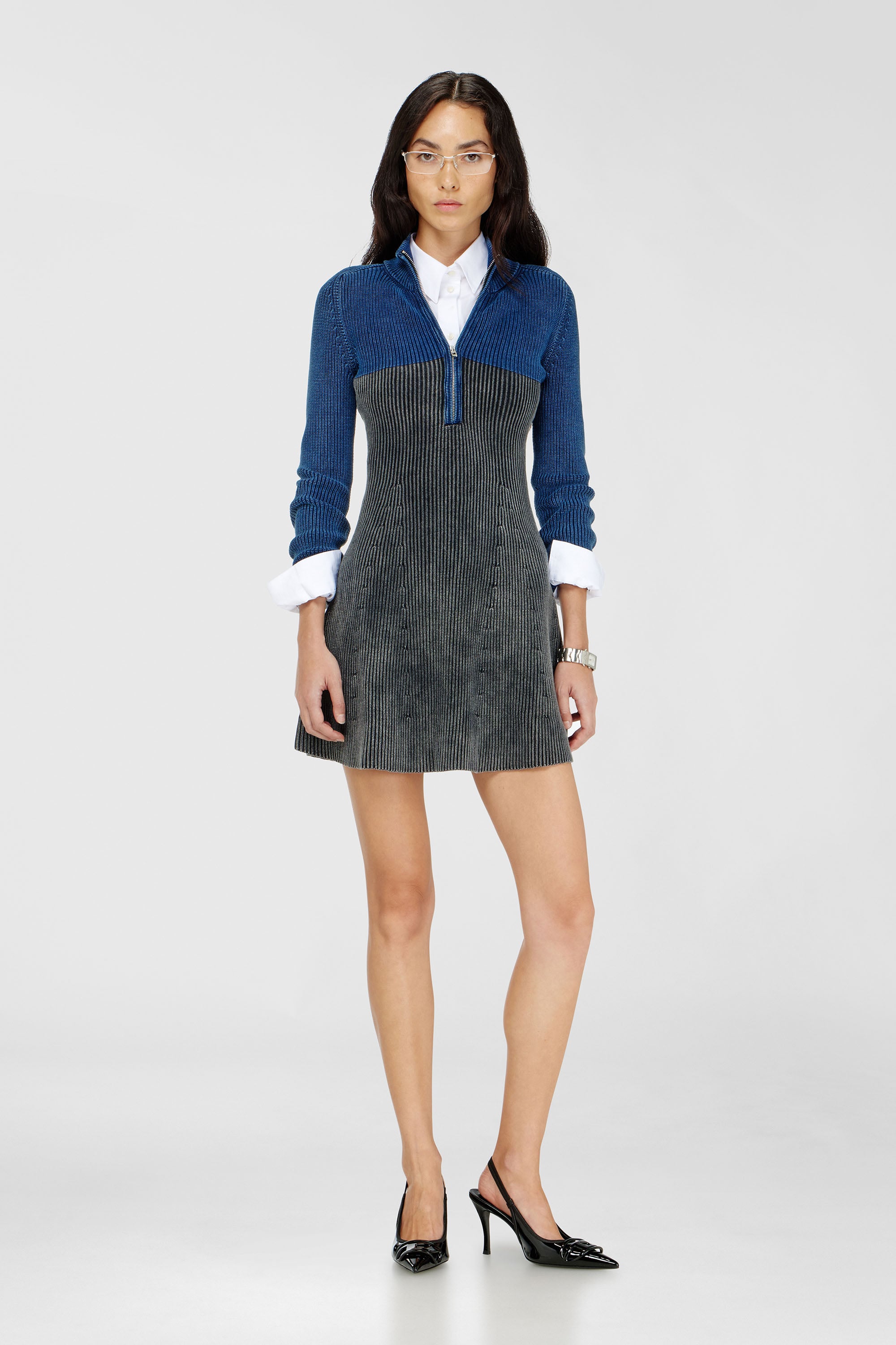 Diesel - M-HERMOSA, Woman's Rib-knit mini dress with two-tone denim effect in Blue/Black - 1