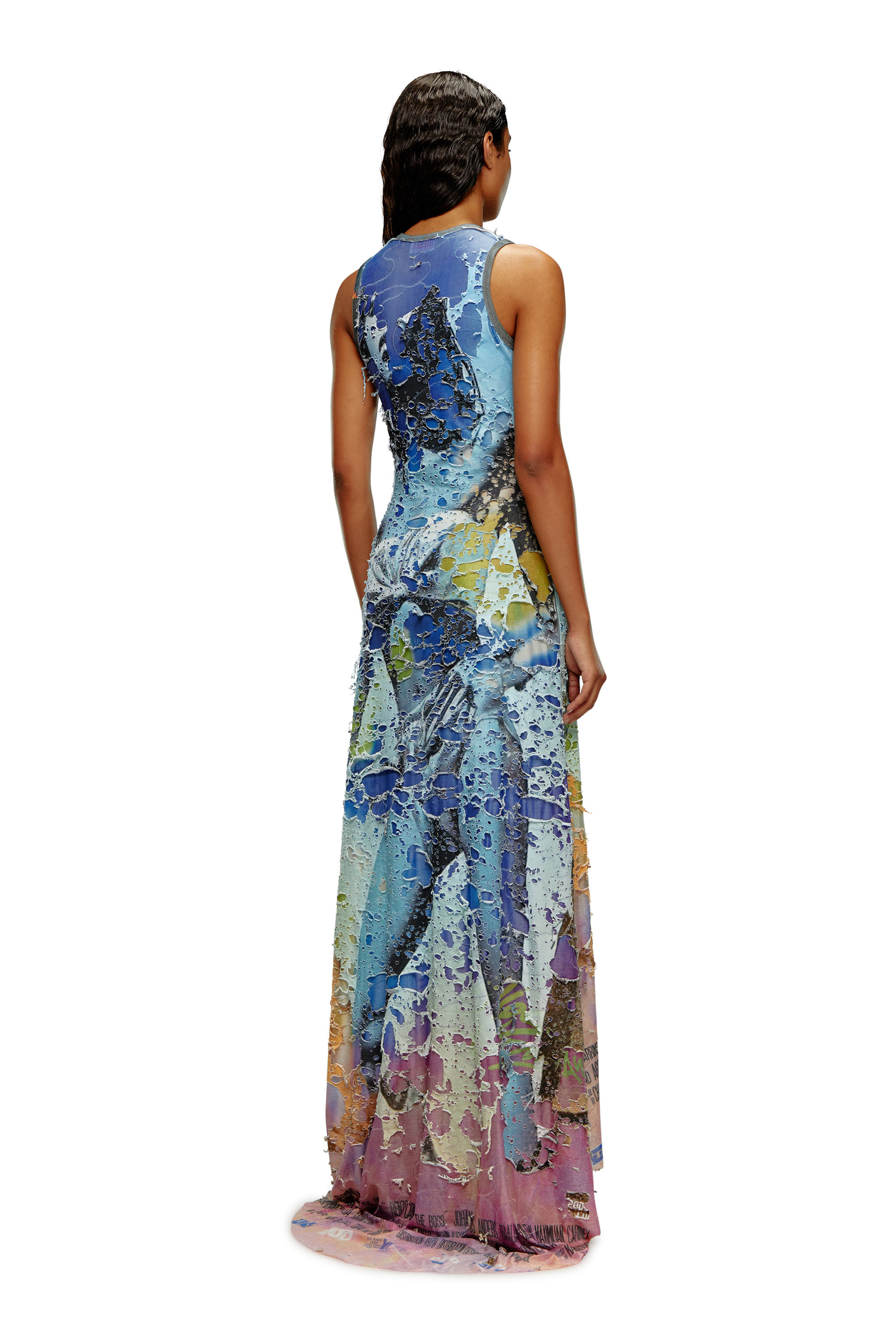 Diesel - D-LEELE, Woman Destroyed jersey gown with poster print in Multicolor - Image 3