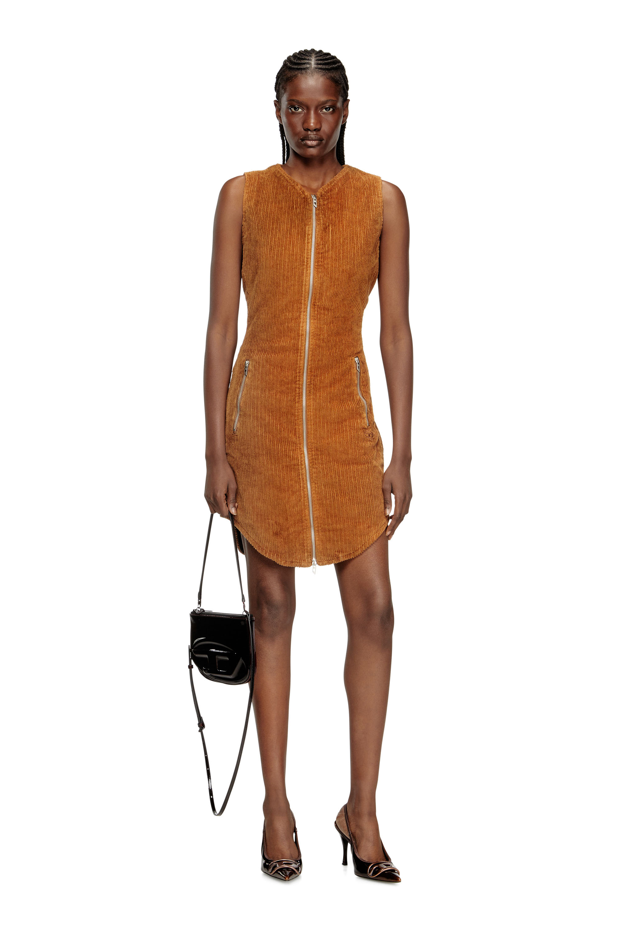 Diesel - D-ENEA, Woman's Cotton mini dress with front zipper in Brown - 3