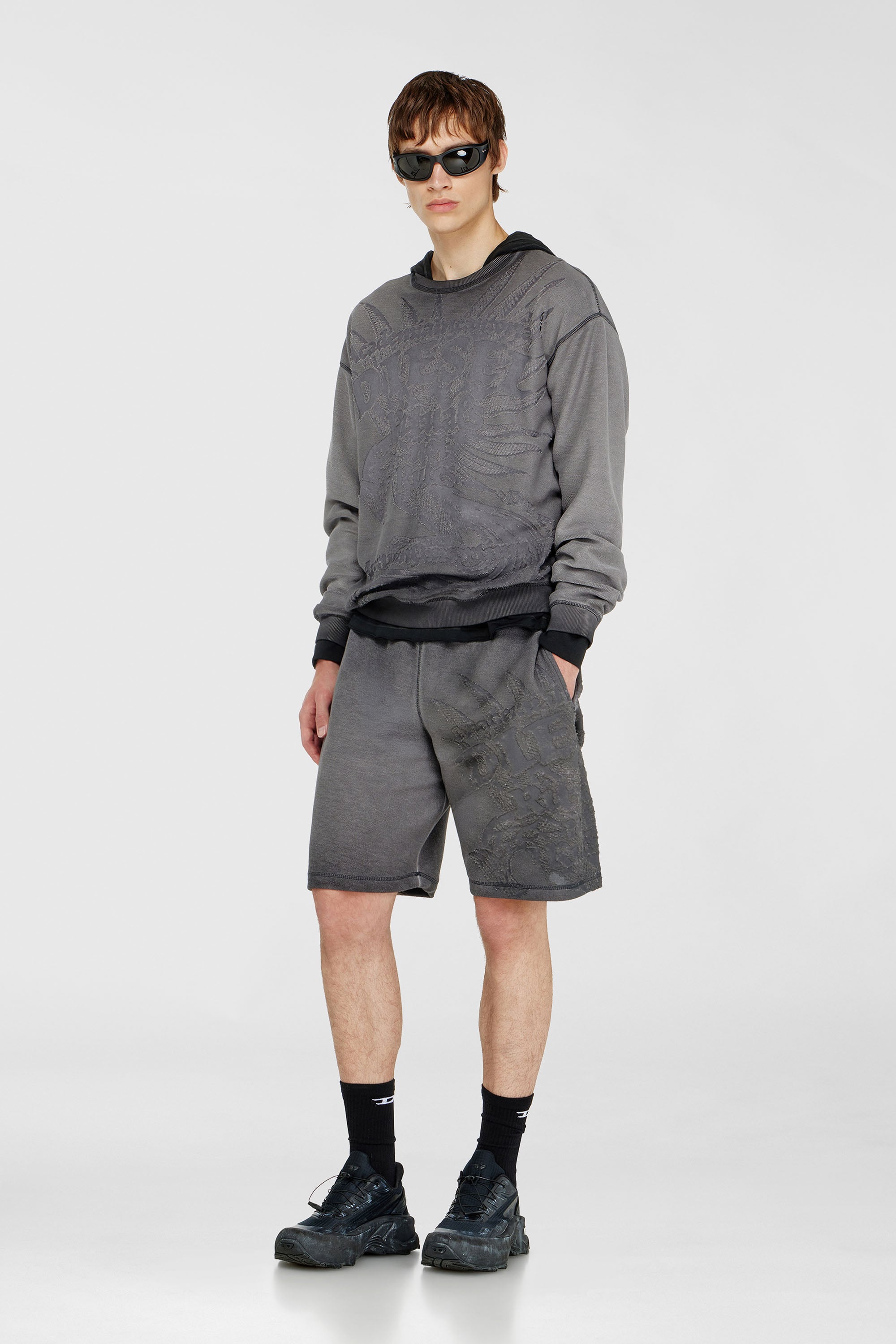 Diesel - P-RAWCROW, Man's Sweatshorts with d&eacute;vor&eacute; motifs in Dark grey - 1