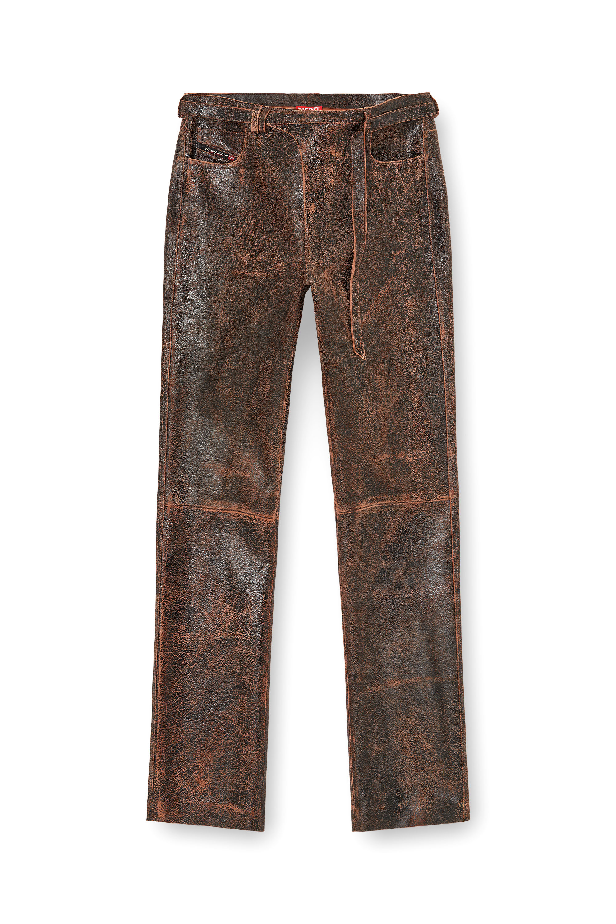 Diesel - P-NURI, Man's Cracked-leather pants with biker strap detail in Brown - 3