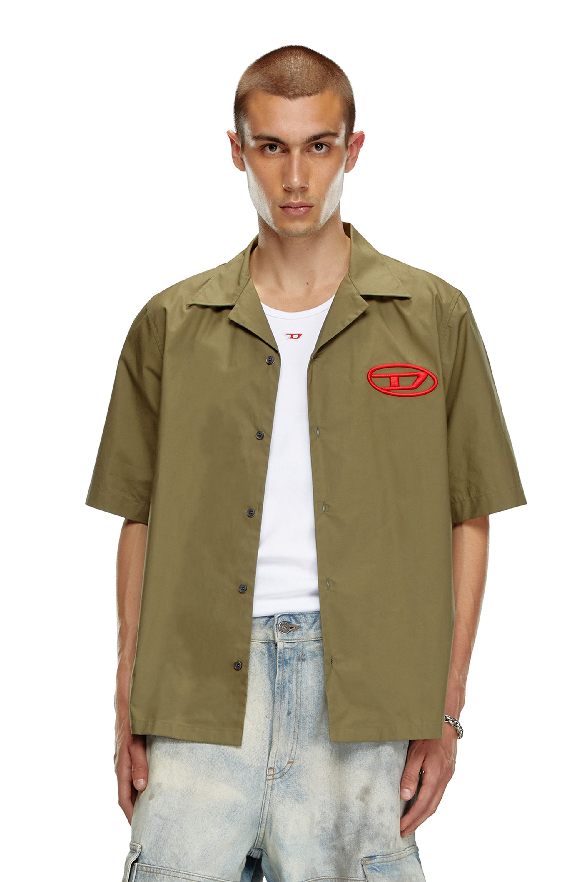 Diesel - S-MAC-C, Man's Bowling shirt with logo embroidery in Military Green - 1