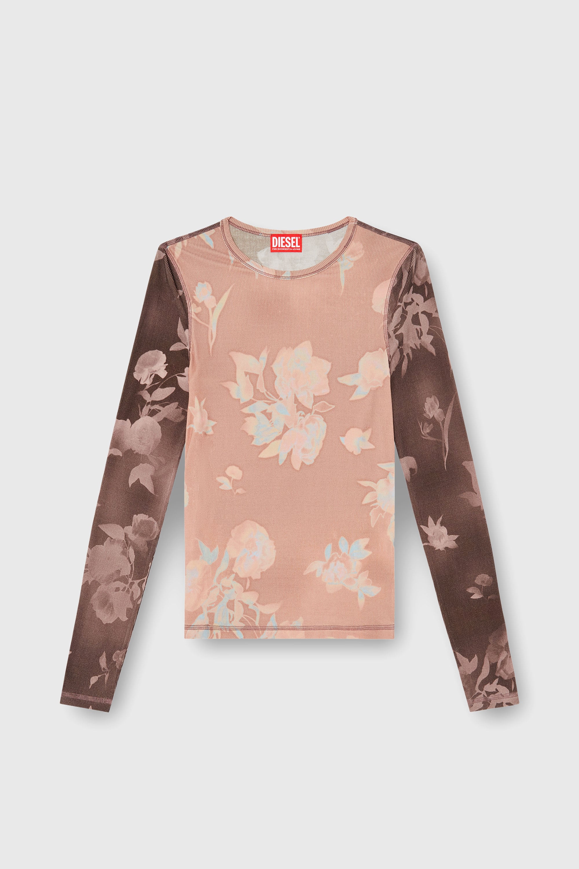 Diesel - T-MOKY-LS, Woman's Top in floral-print ribbed jersey in Pink/Brown - 2