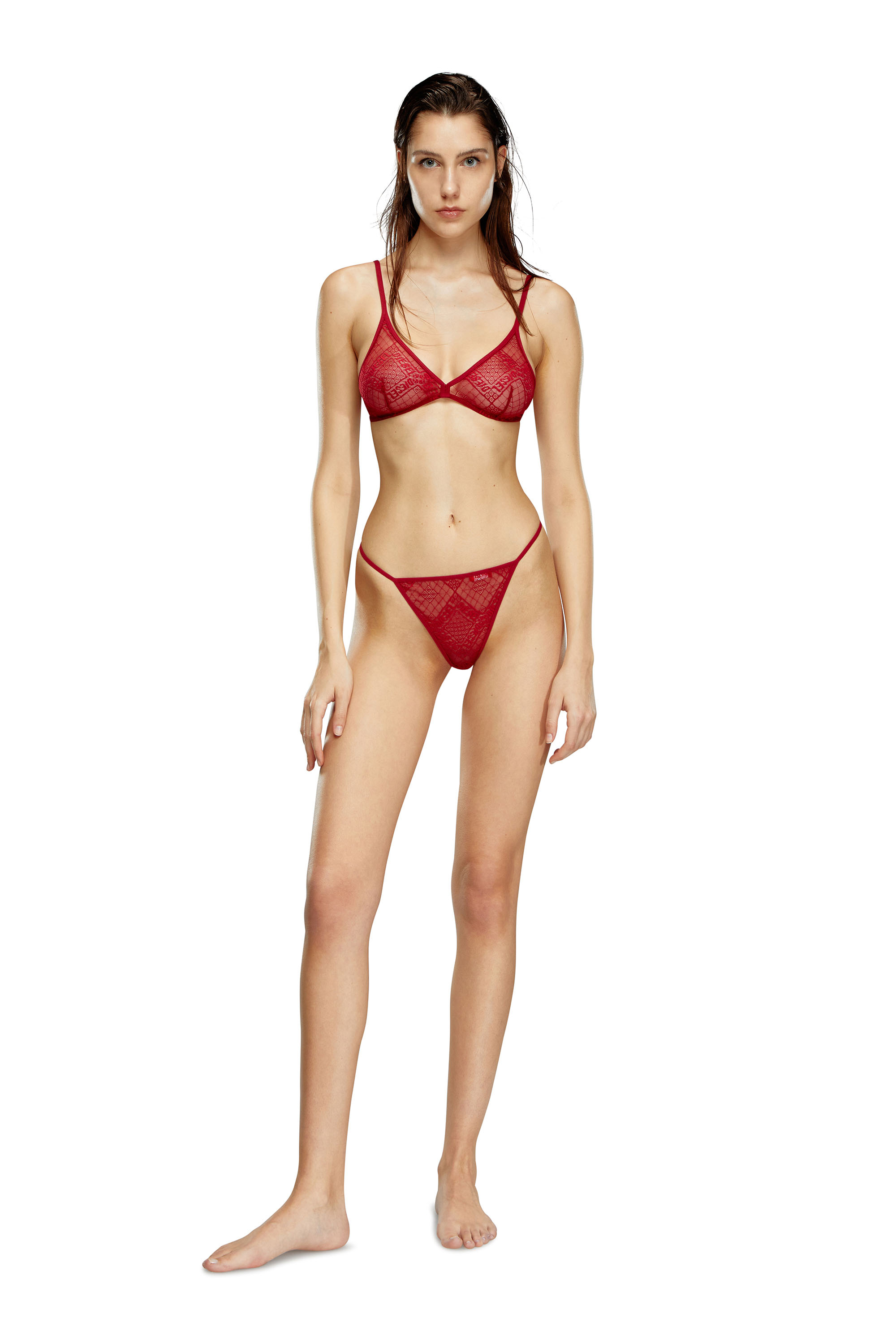 Diesel - UFST-D-STRING, Woman Thong in stretch logo lace in Red - Image 1