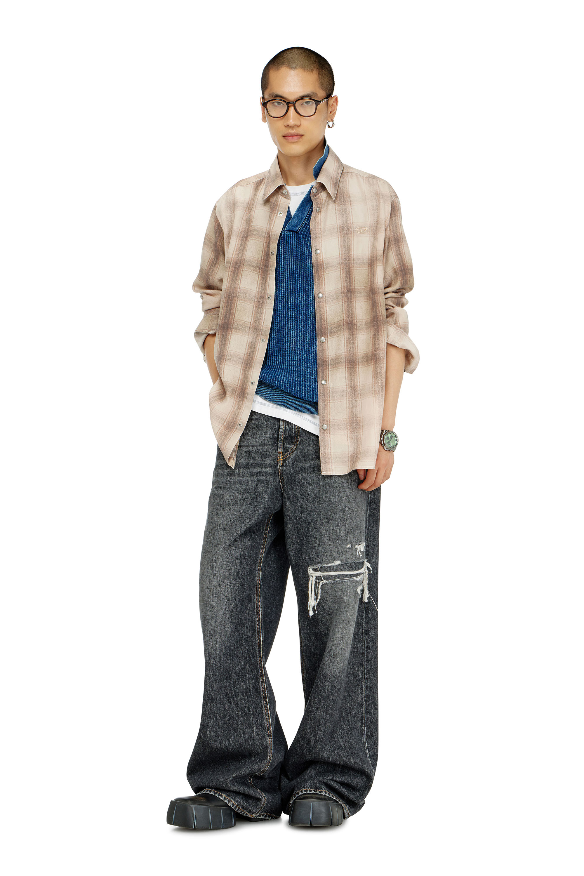 Diesel - S-SIMPLY-JMCM, Man's Check shirt in fluid fabric in Light Brown - 1