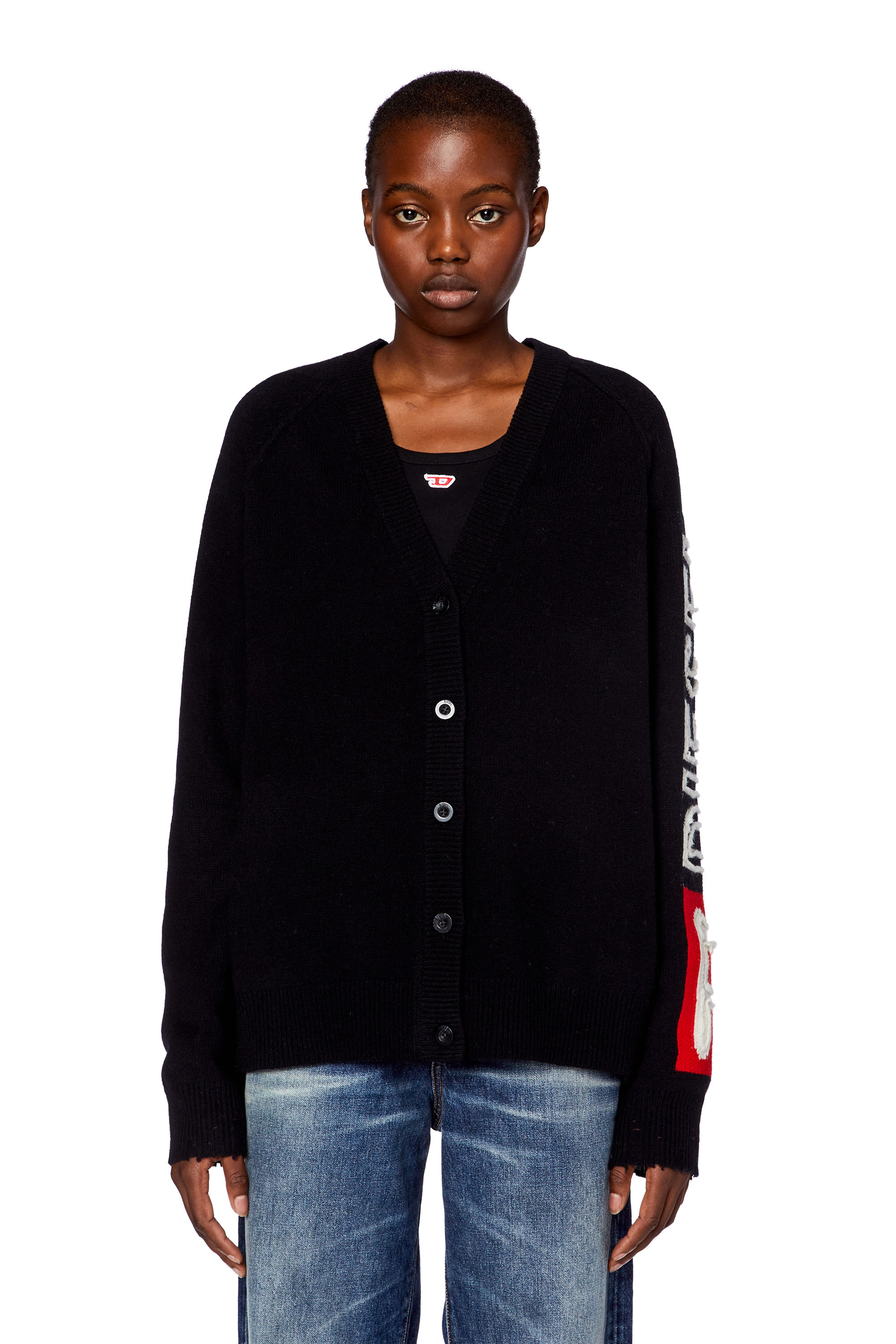 Diesel - M-SARRI, Woman's Cardigan in wool with cut-up logo in Black - 5