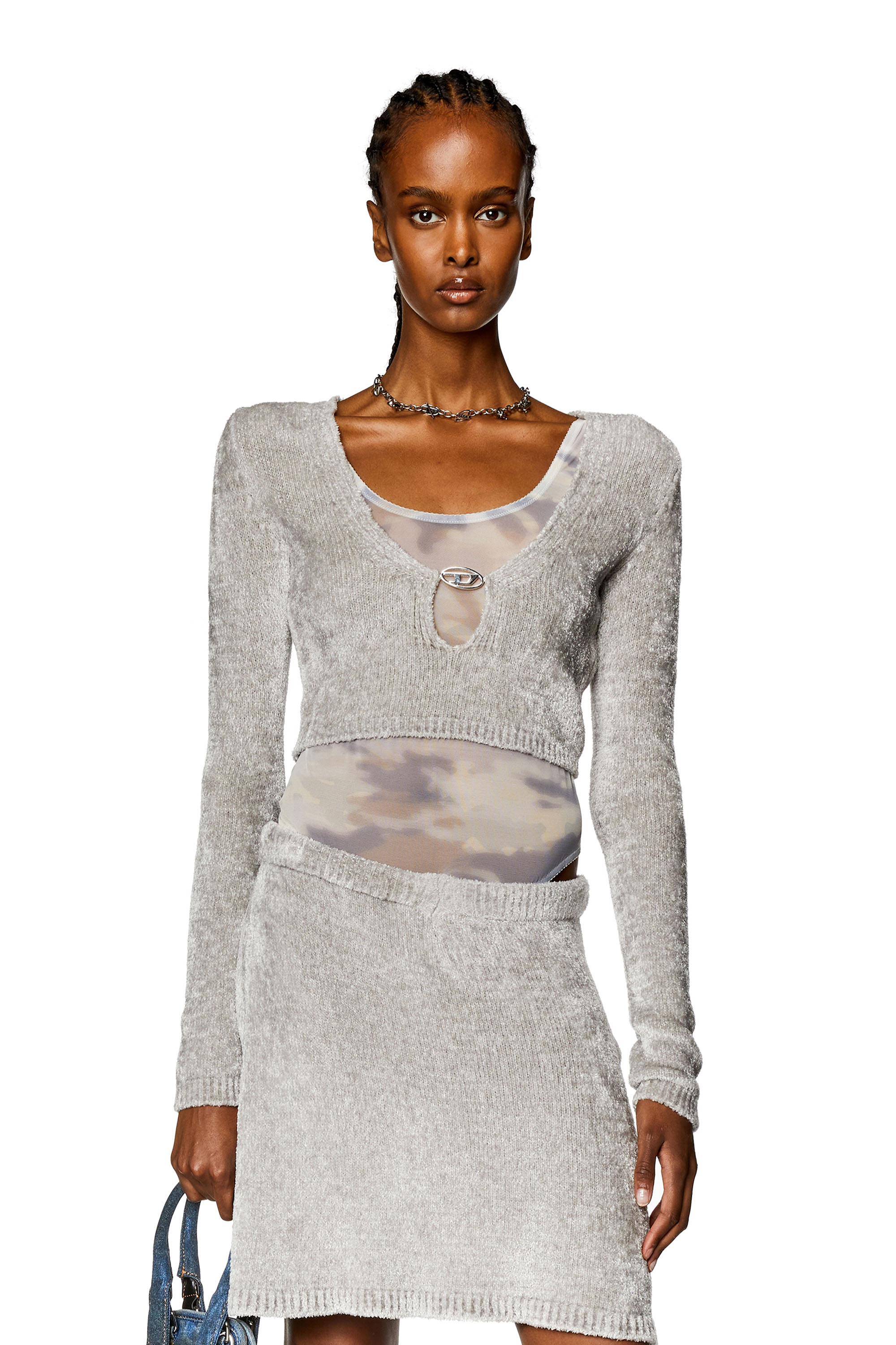 Diesel - M-CHERYL, Woman Cropped chenille jumper in Grey - Image 1