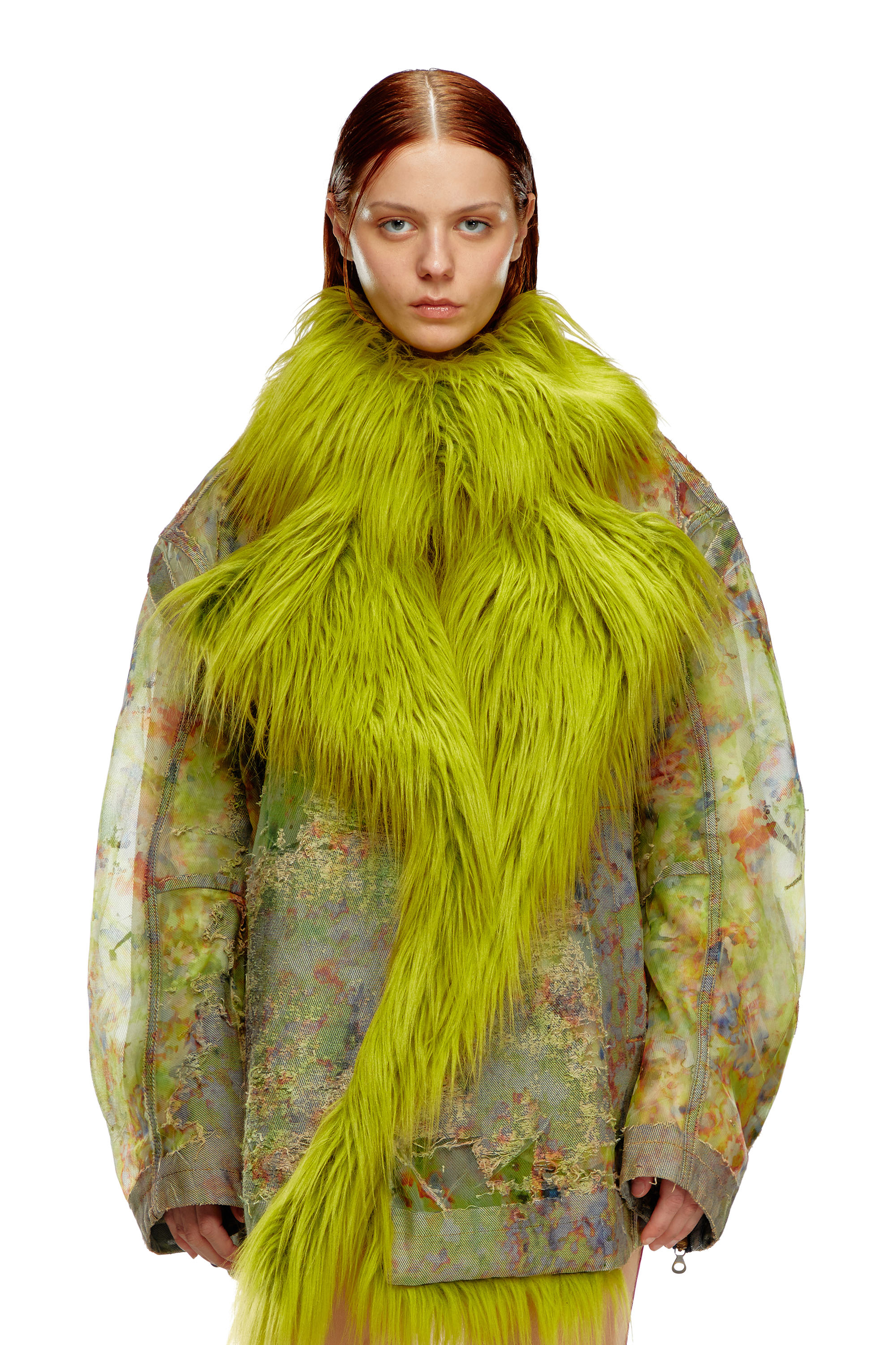 Diesel - DE-BIKA-FSE, Woman Printed devoré jacket with shaggy collar in Green - Image 6
