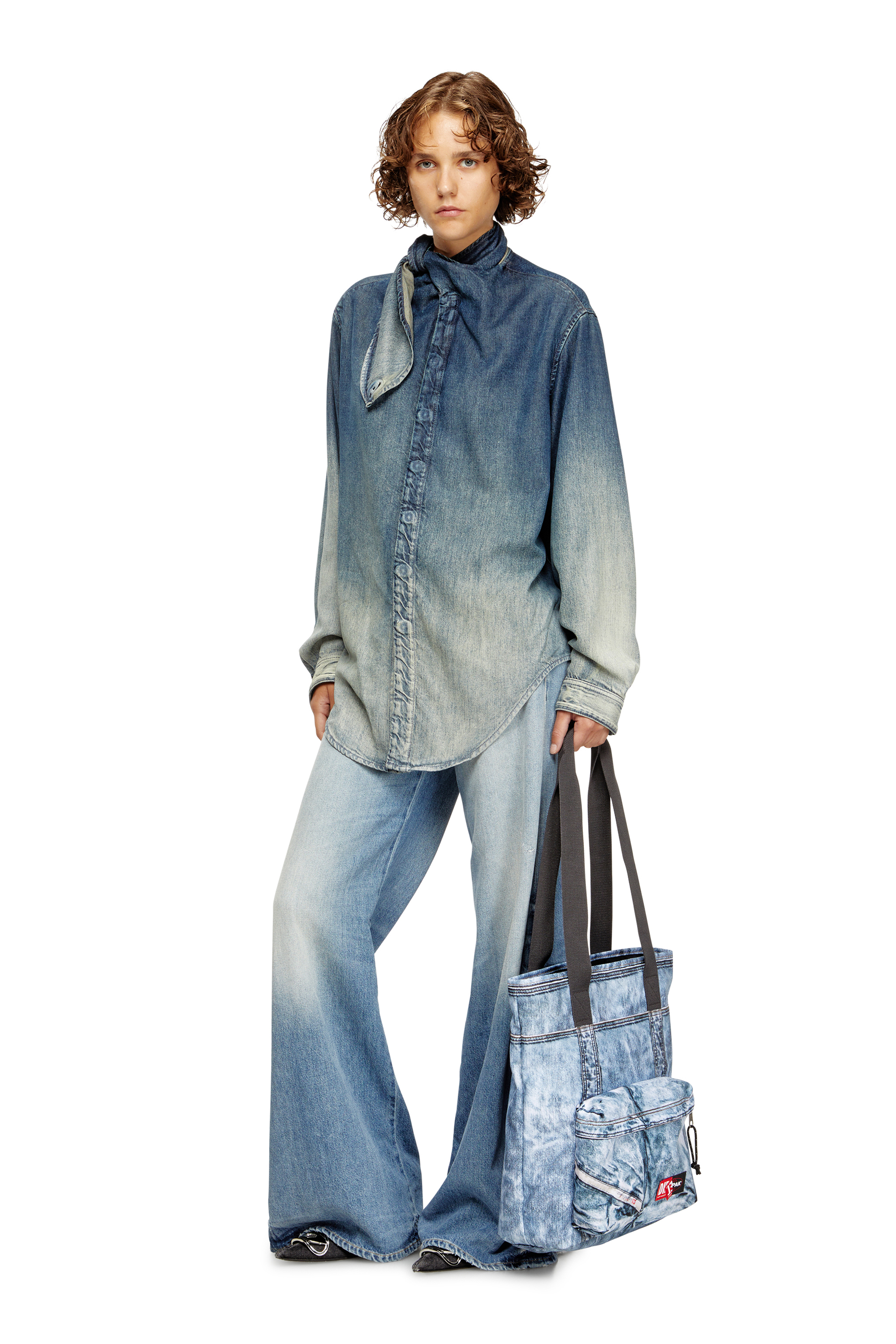 Diesel - DIESEL TOTE, Unisex's Tote bag in trompe l'oeil denim in Blue - 1