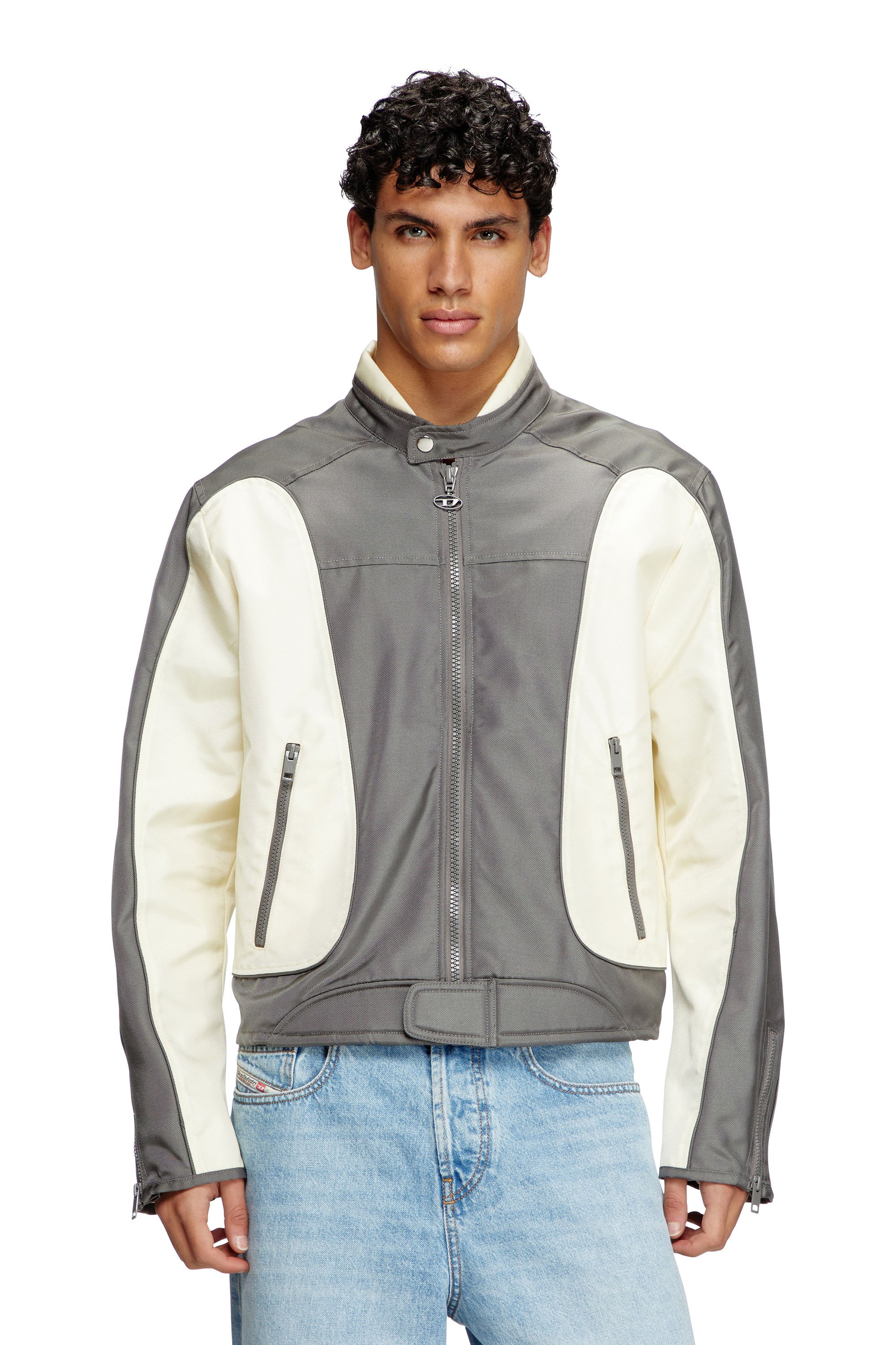 Diesel - J-BLINK-A, Man's Colour-block biker jacket with piping in Grey/White - 2