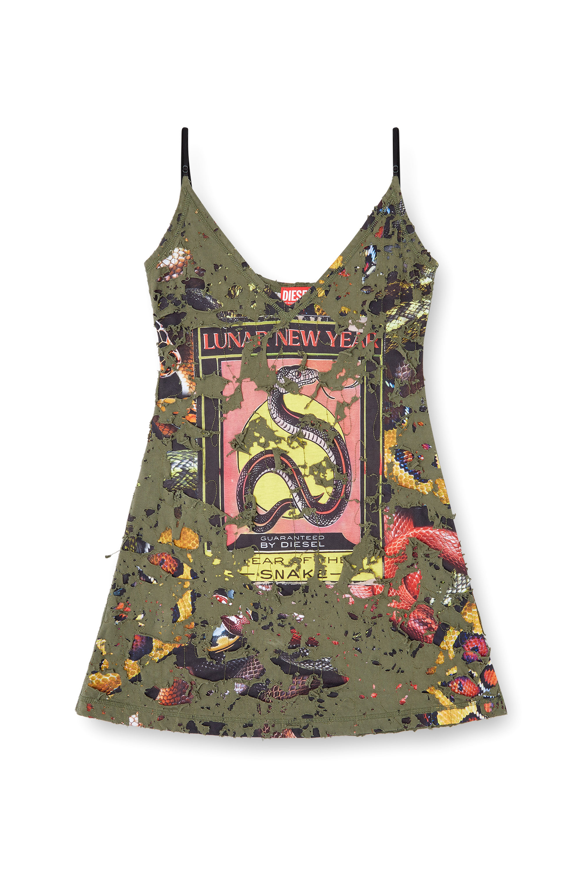 Diesel - CL-D-JENA-DEV-SNAKE, Woman's Destroyed snake-print slip dress in Olive Green - 3