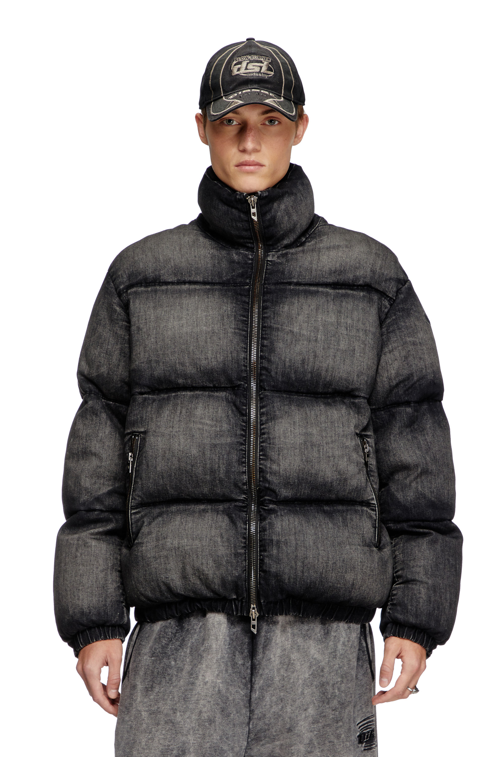 Diesel - W-MONS-A, Unisex's Faded denim puffer jacket in Black - 1