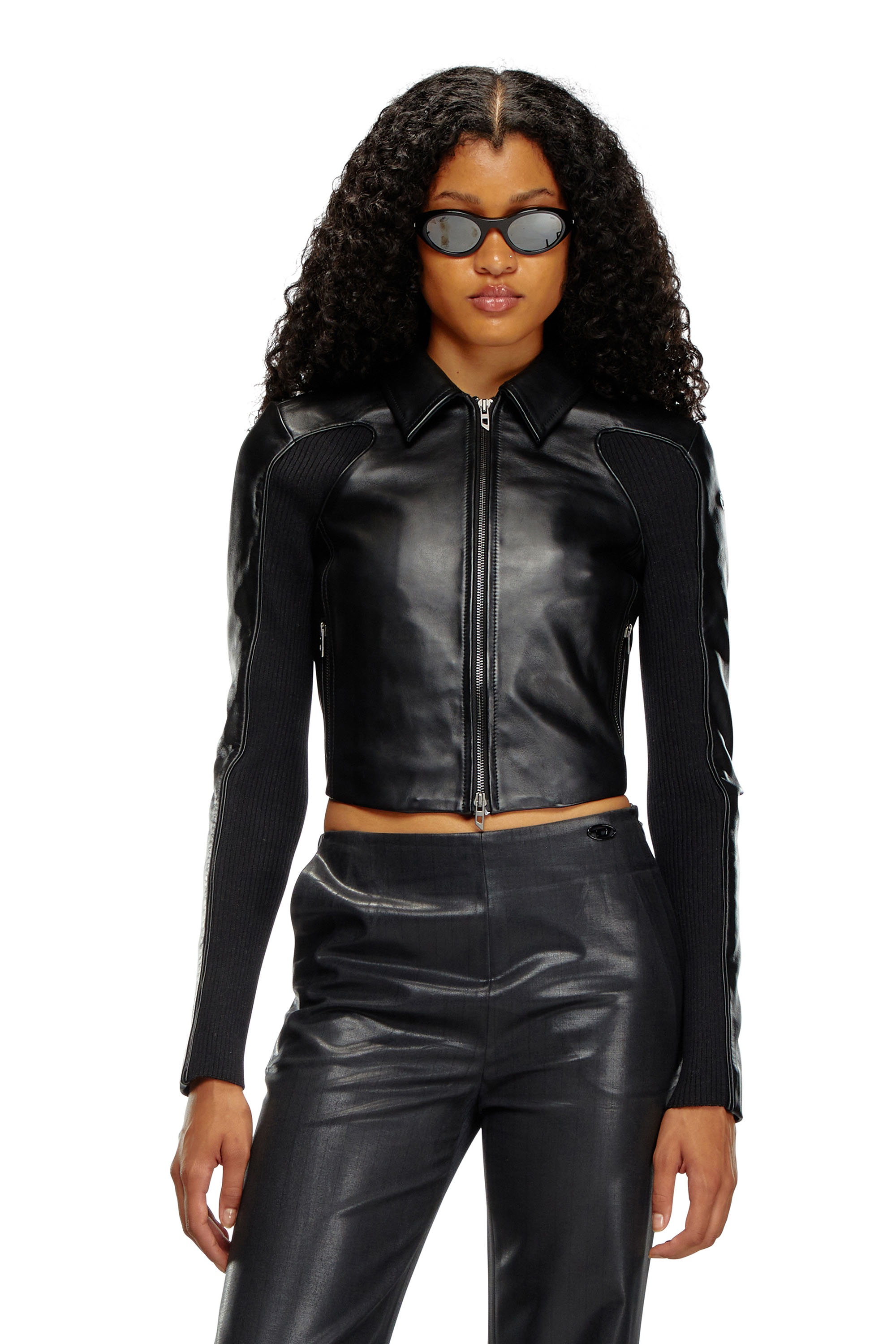 Diesel - L-TOTEM-P1, Woman Cropped leather jacket with knit inserts in Black - Image 1