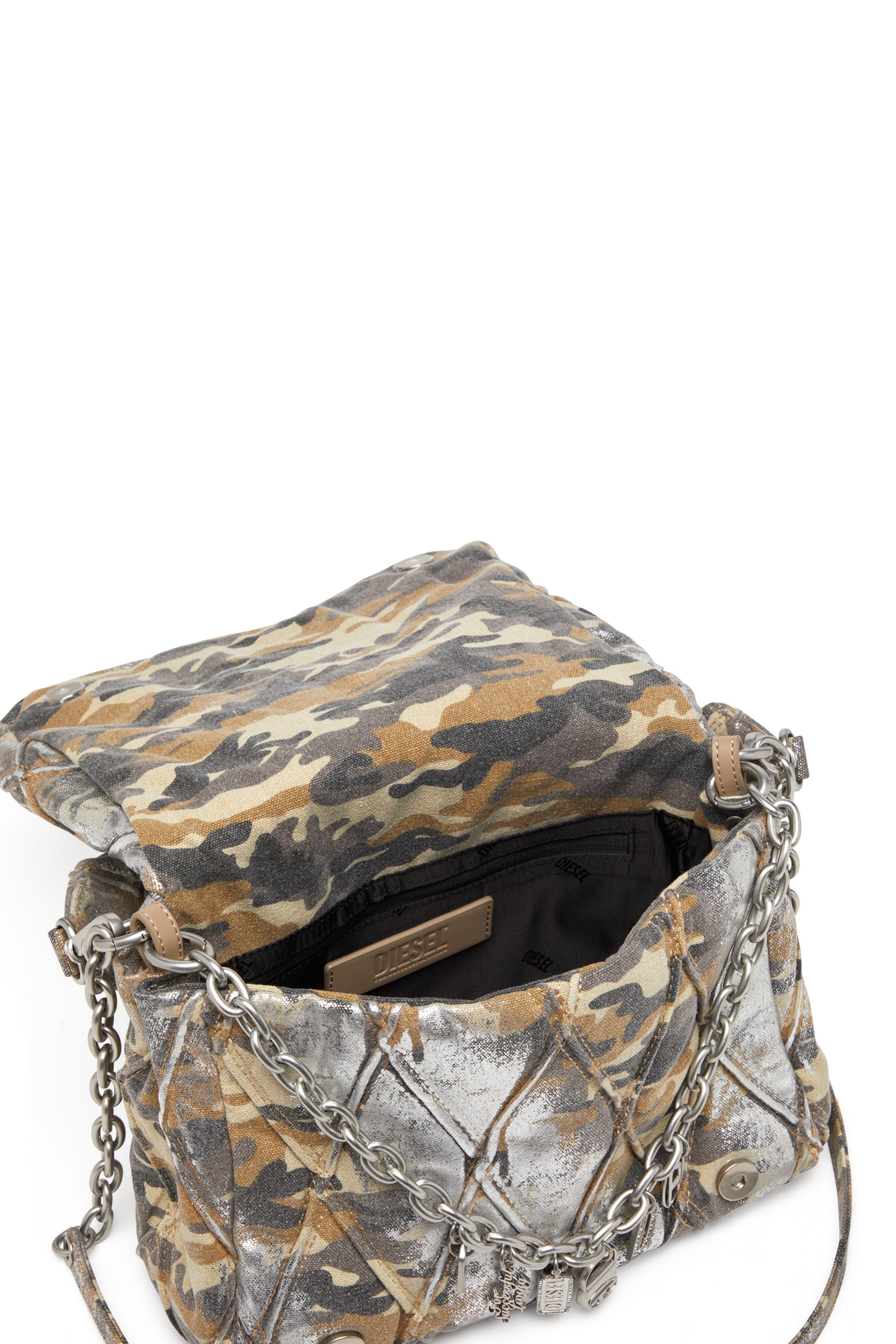 Diesel - CHARM-D SHOULDER M, Woman's Shoulder bag in metallic camo canvas in Multicolor/Brown - 5