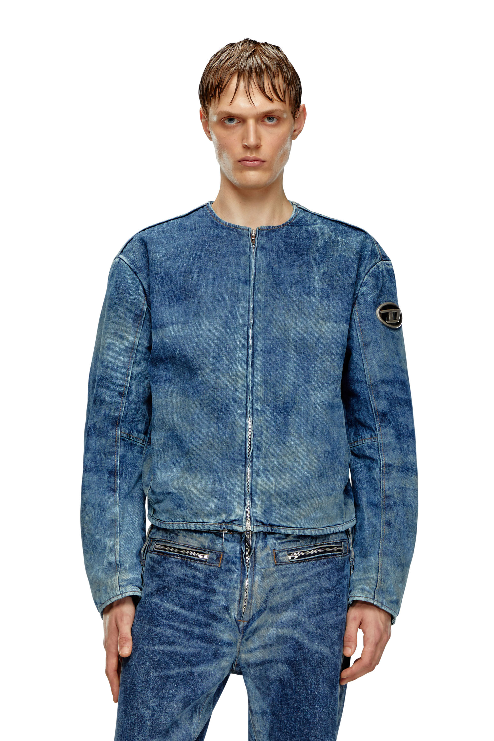 Diesel - D-CALUR-FSE, Man Denim jacket with biker zip details in Blue - Image 1