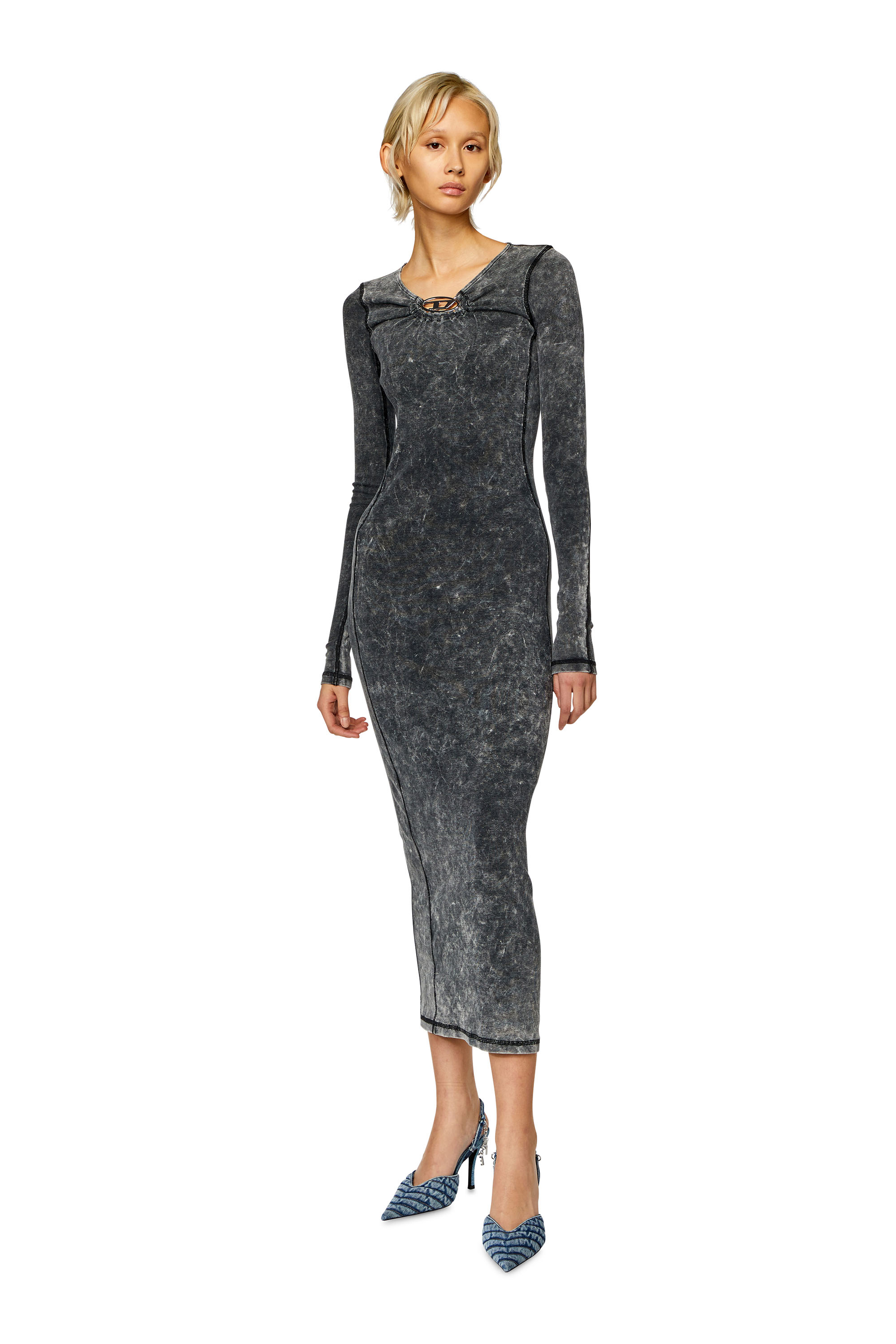 Diesel - D-CRITIC, Woman Ribbed midi dress with oval D plaque in Grey - Image 2