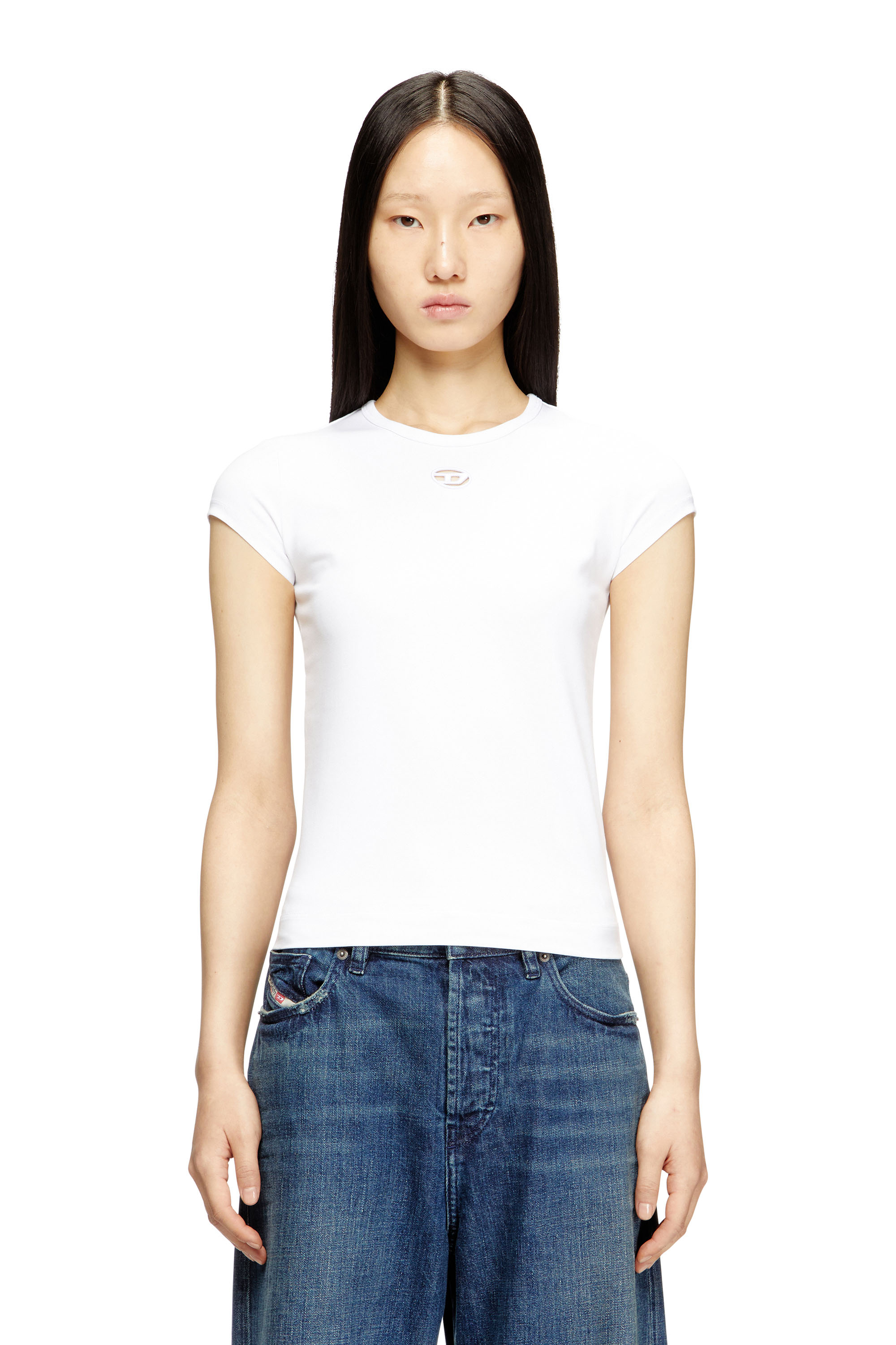 Diesel - T-ANGIE-OD, Woman's T-shirt with cut-out embroidered logo in White - 3