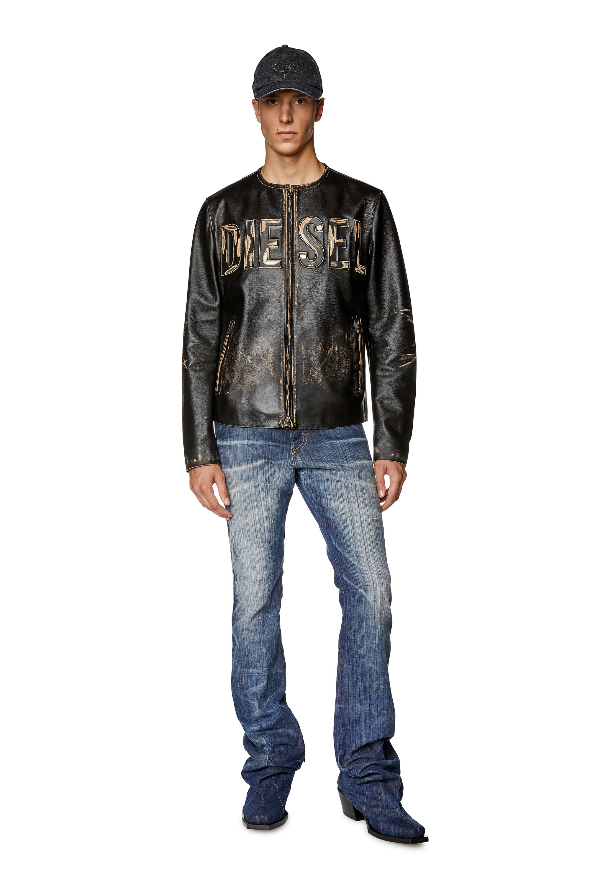 Diesel - L-MET, Man Distressed leather jacket with metal logo in Black - Image 2