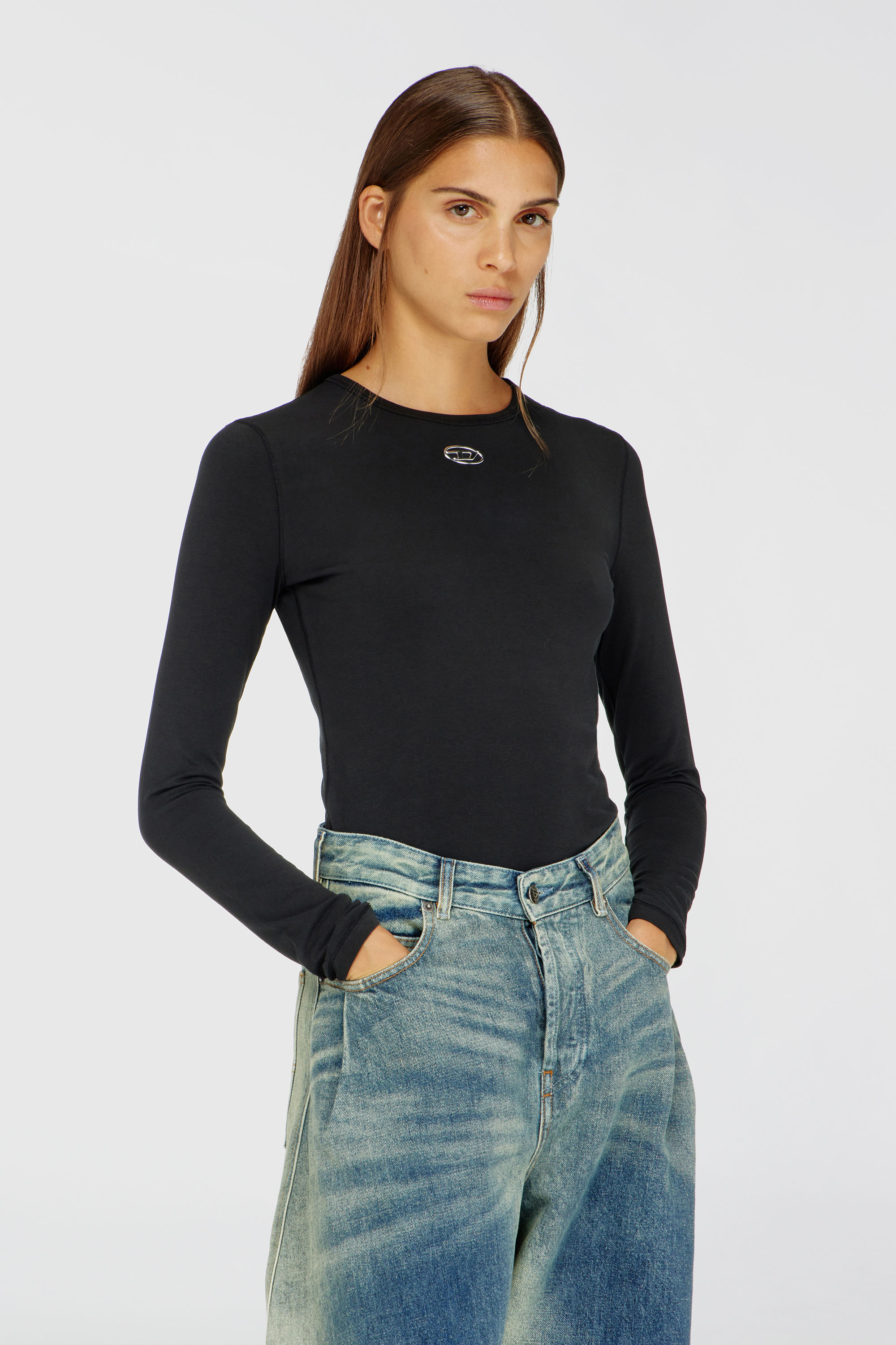 Diesel - T-UNCUTIESLONG-LS-OD, Woman's Cotton sweater with Oval D logo in Black - 1