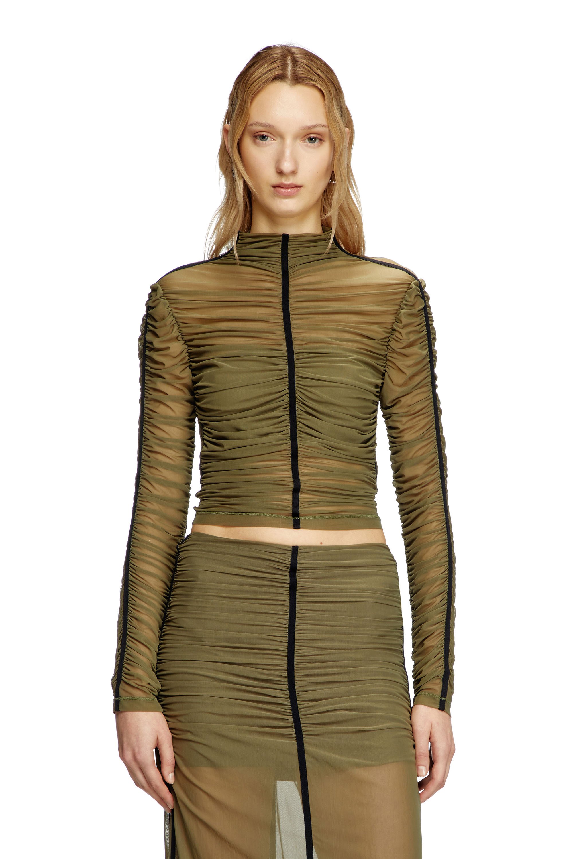 Diesel - T-AIKO, Woman's Tulle jersey top in Olive Green - 1