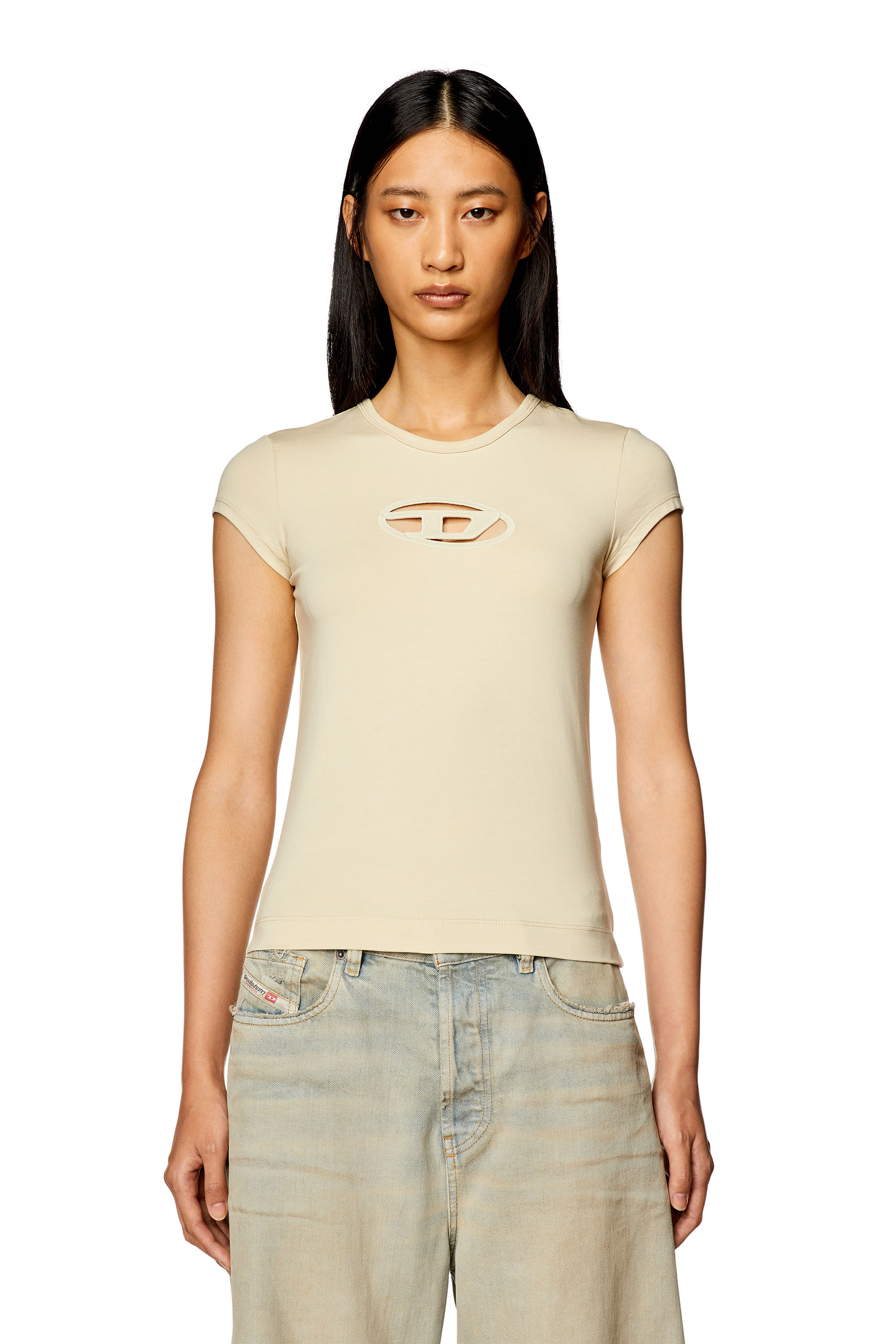 Diesel - T-ANGIE, Woman T-shirt with peekaboo logo in Beige - Image 4