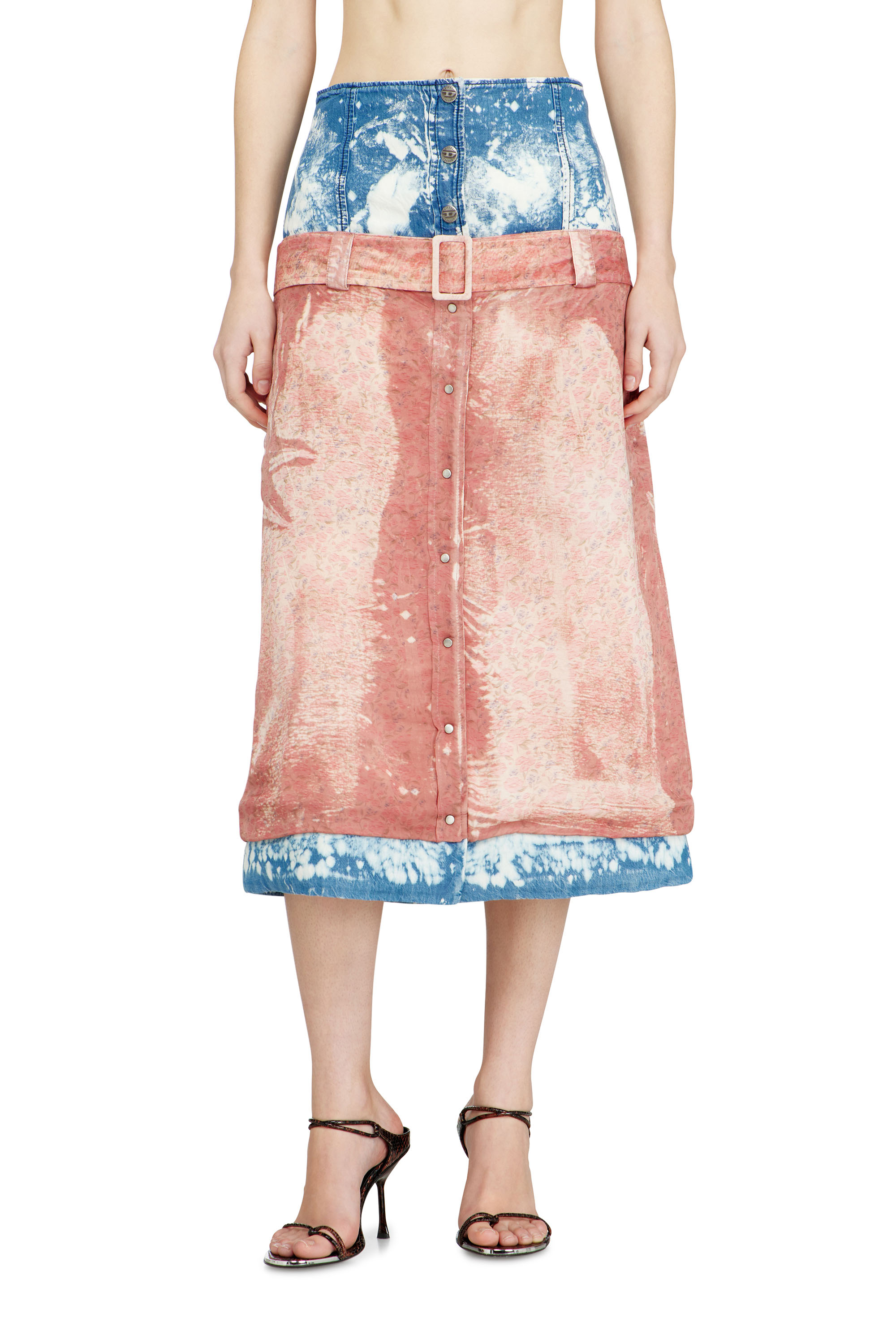 Diesel - O-SSIDO, Woman's Midi skirt with layered effect in Blue/Brown - 2