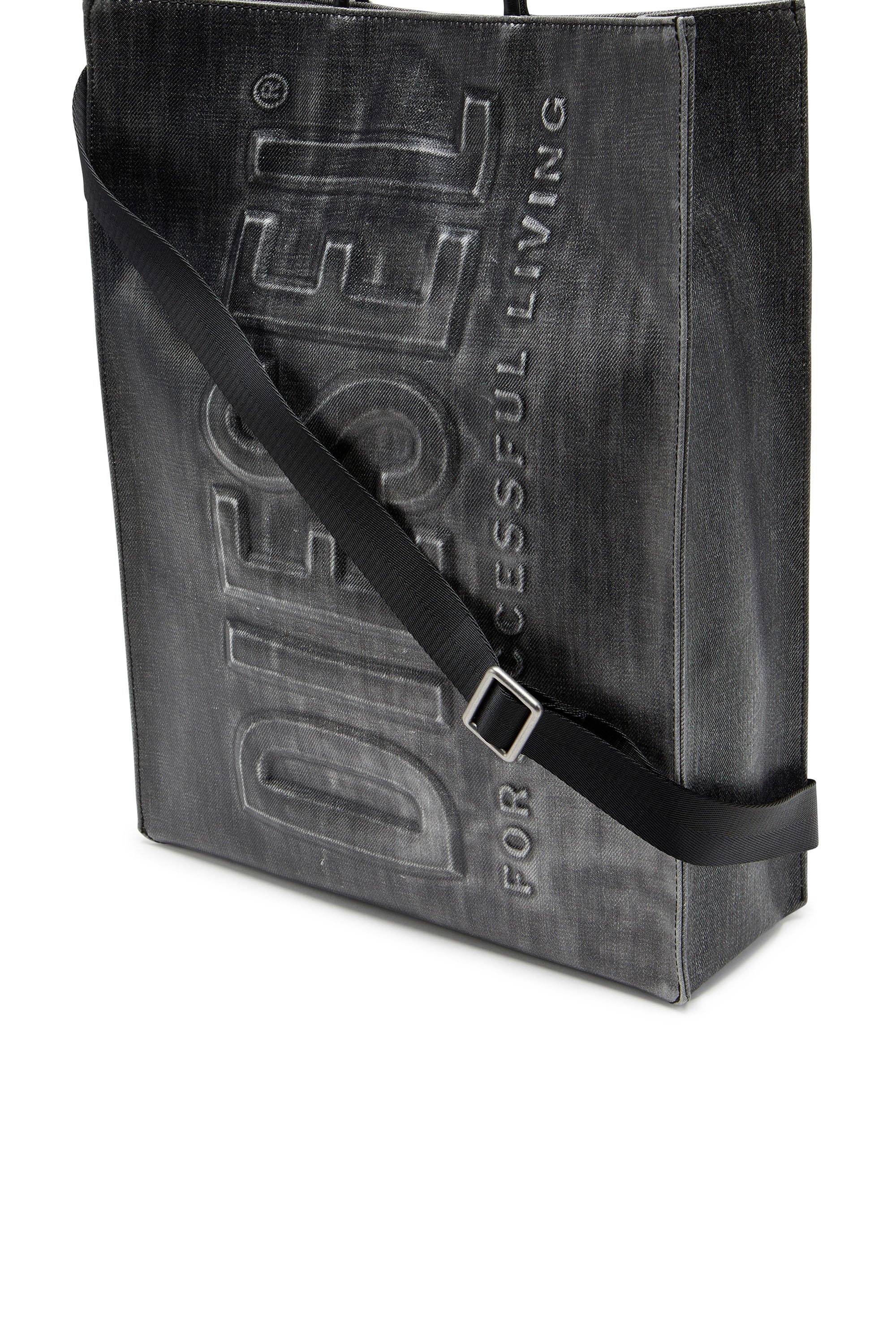 Diesel - DSL 3D SHOPPER L X, Man's Dsl 3D L-Large tote bag in coated solarised denim in Black - 5