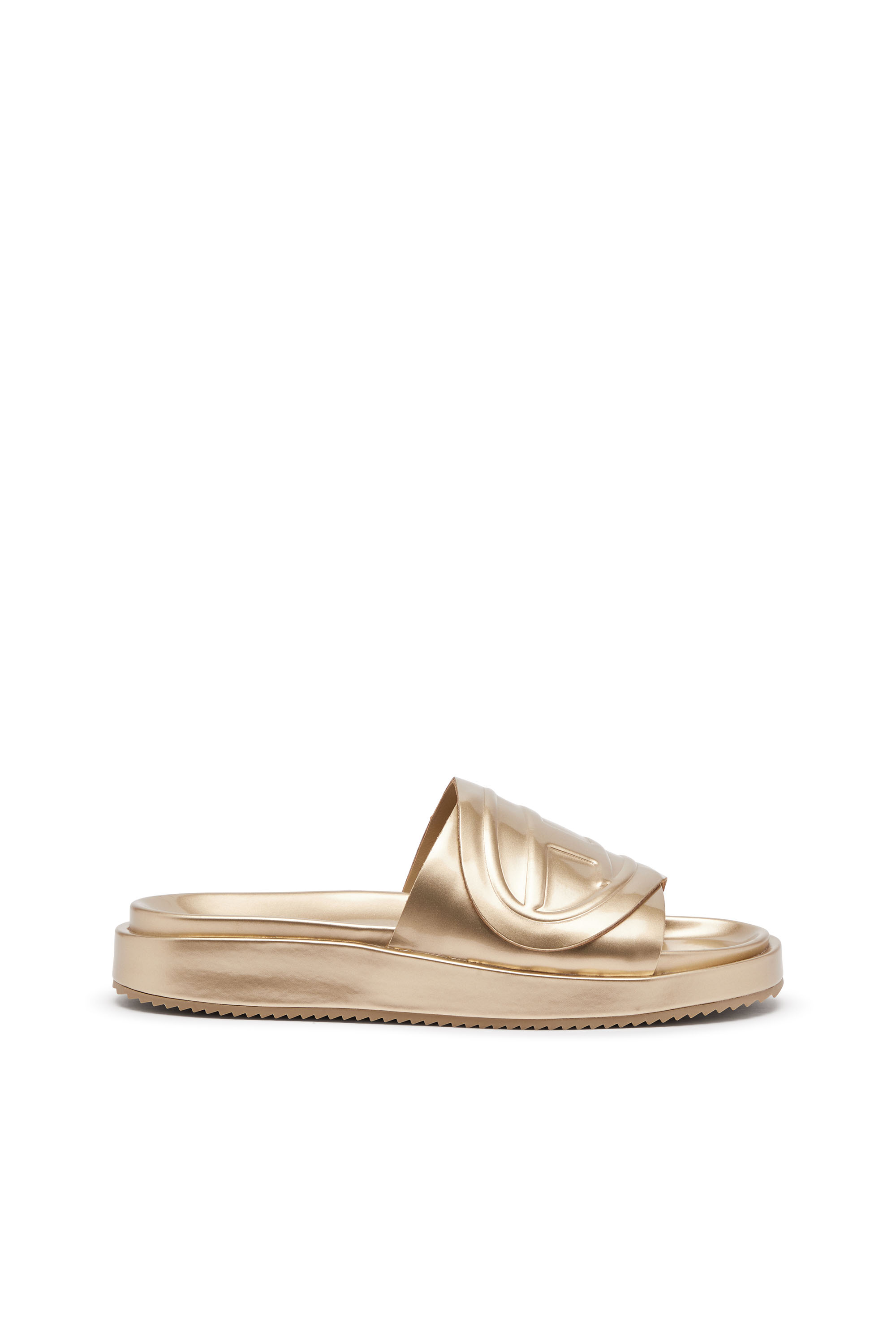 Diesel - SA-SLIDE D OVAL W, Woman Sa-Slide D-Metallic slide sandals with Oval D strap in Oro - Image 1