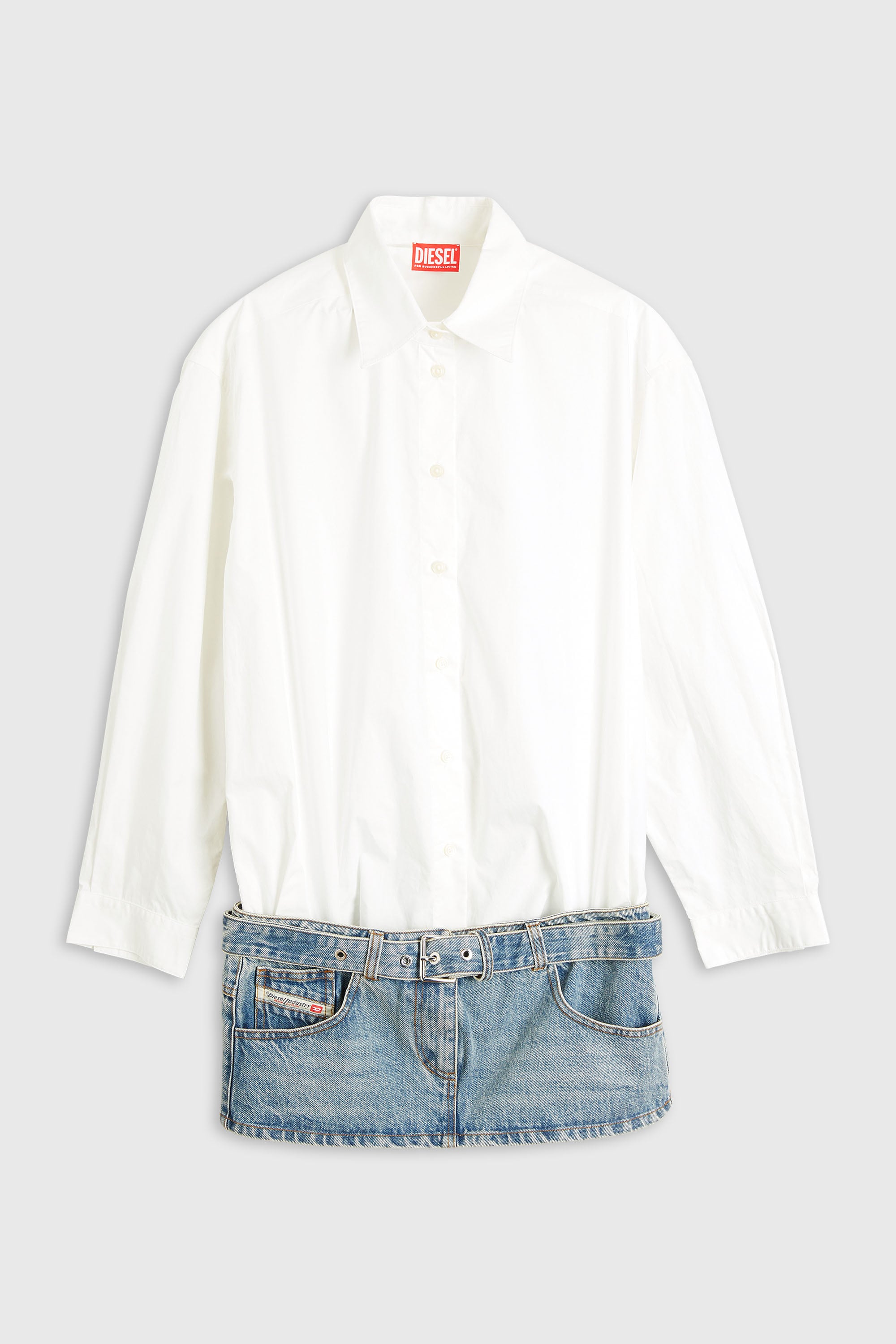 Diesel - D-ETOX, Woman's Mini shirt dress with trompe-l&rsquo;&oelig;il sections in Blue/White - 1