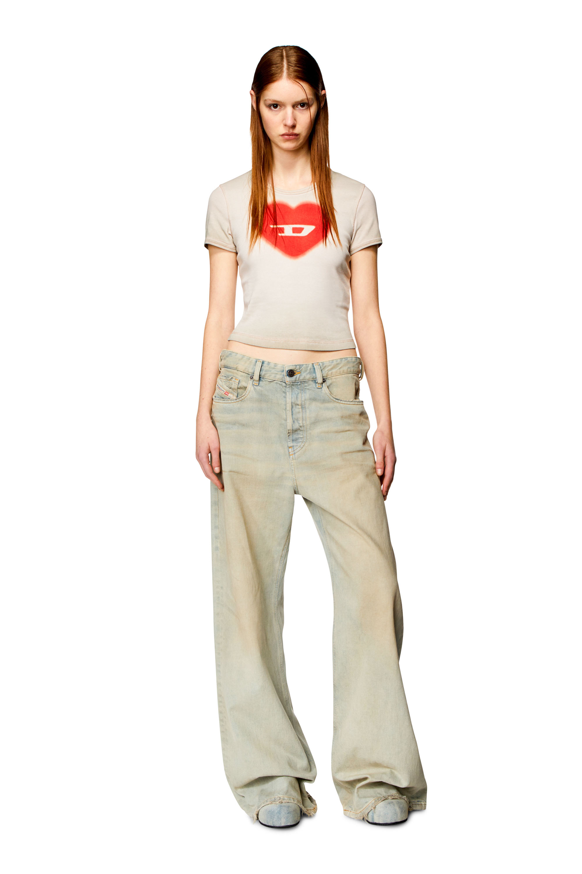 Diesel - T-ELE, Woman Ribbed T-shirt with watercolour heart D in Beige - Image 2
