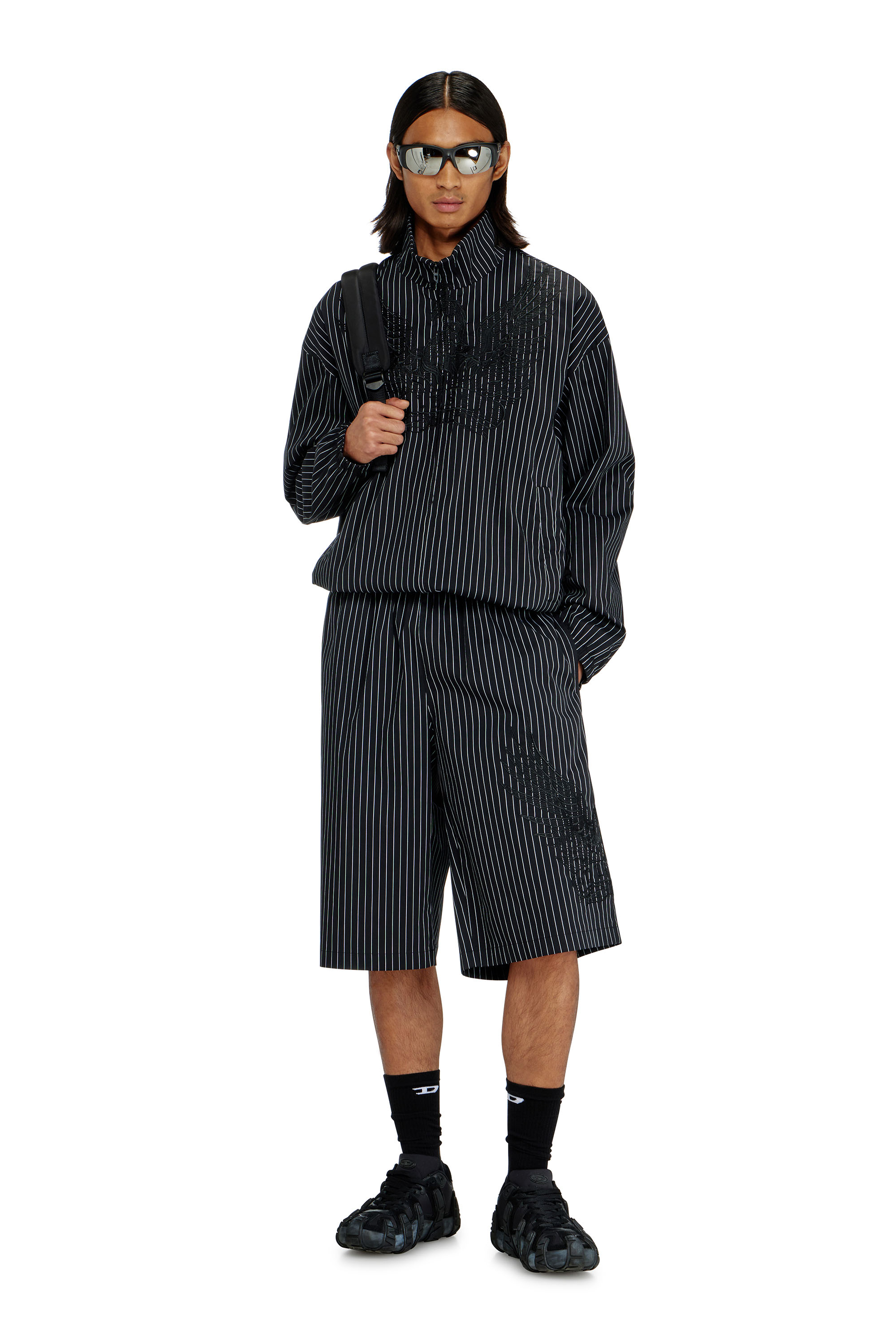 Diesel - P-THEO-SHORT-NJCA, Man's Pinstripe shorts with Phoenix embroidery in Black - 1