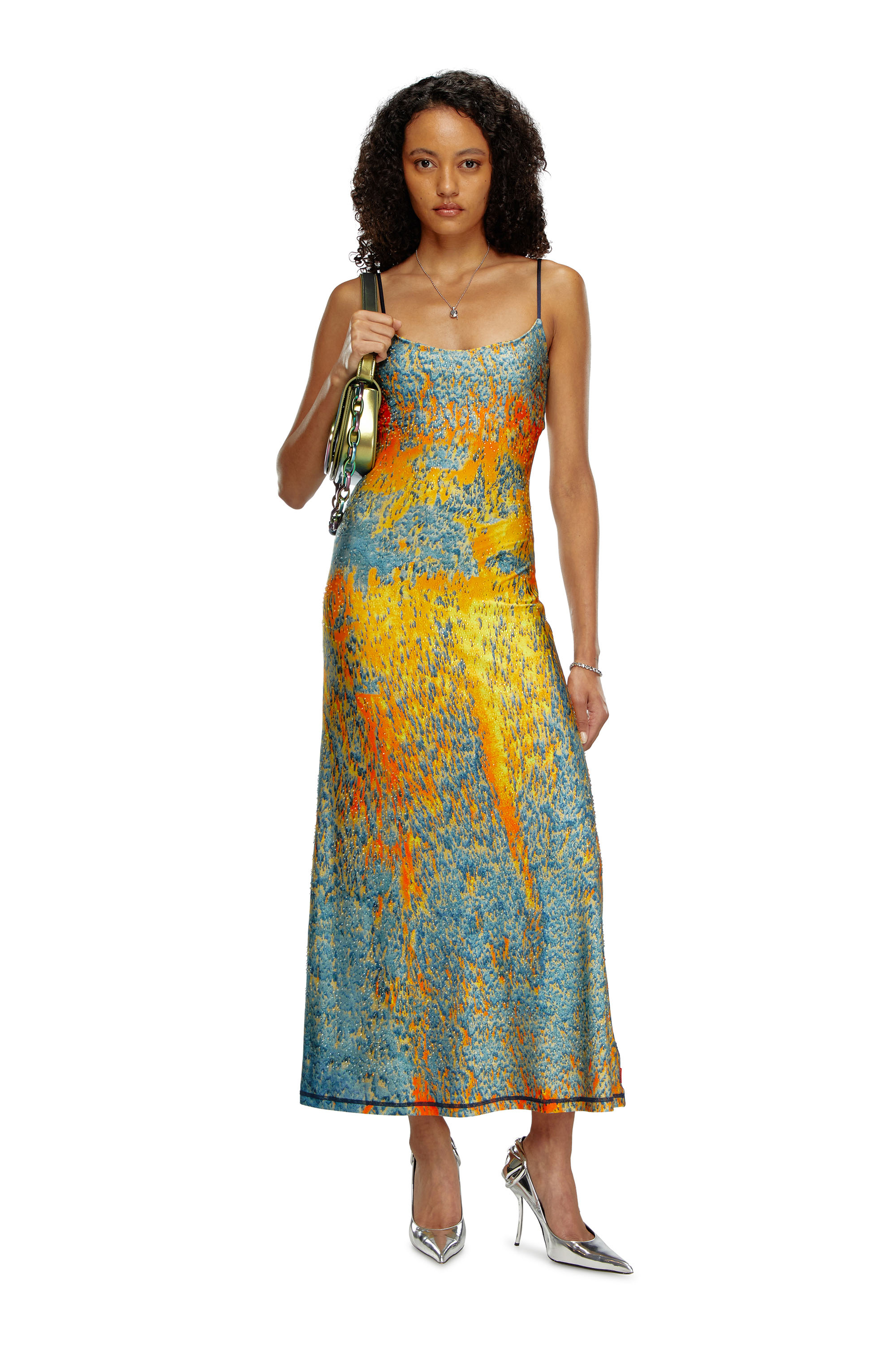 Diesel - D-AMOUR, Woman's Long printed dress with clear crystals in Blue/Orange - 2