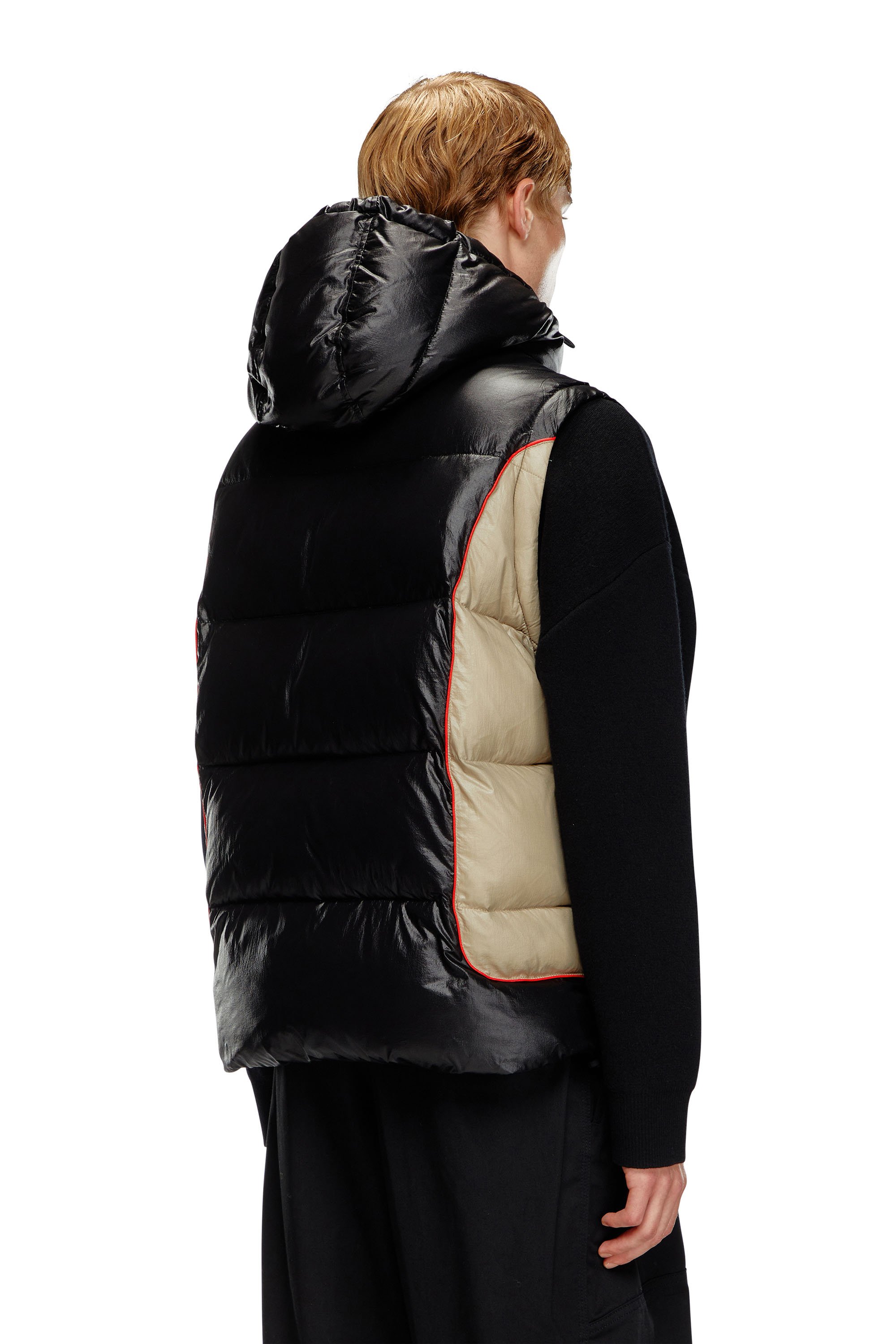 Diesel - W-OSTEND-SL, Man's Hooded puffer vest in shiny ripstop in Black/Beige - 4