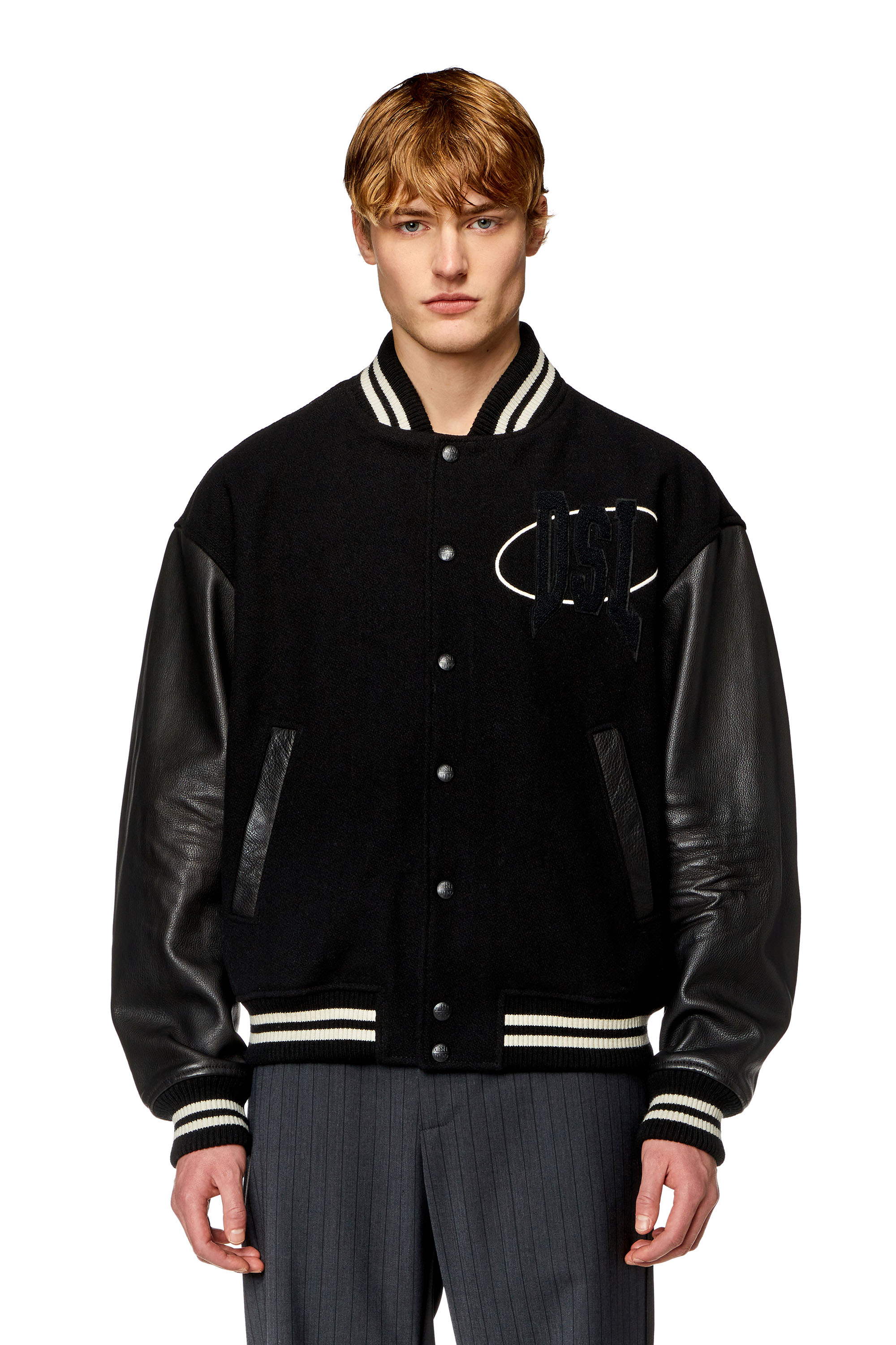 Diesel - L-FRANZ-PATCH, Man Varsity bomber jacket in wool and leather in Black - Image 6