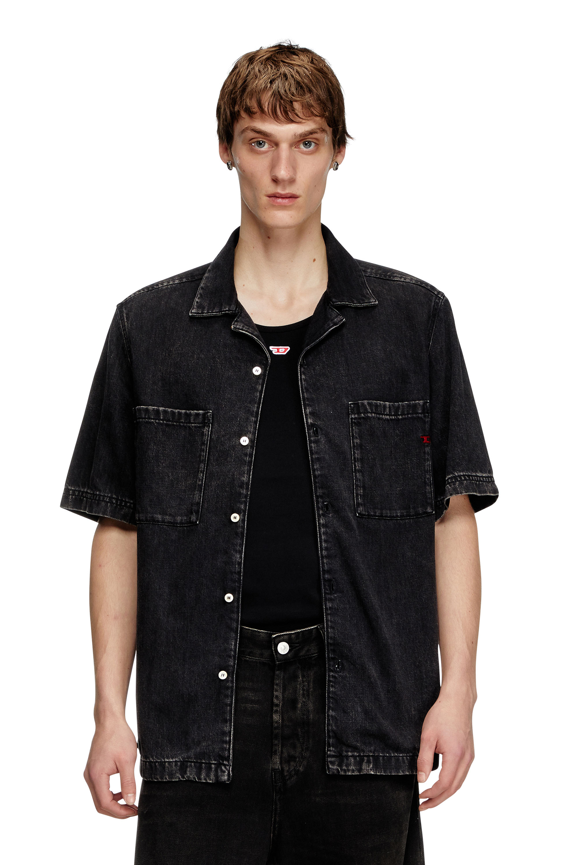 Diesel - D-PAROSHORT, Man's Bowling shirt in Tencel denim in Black - 3