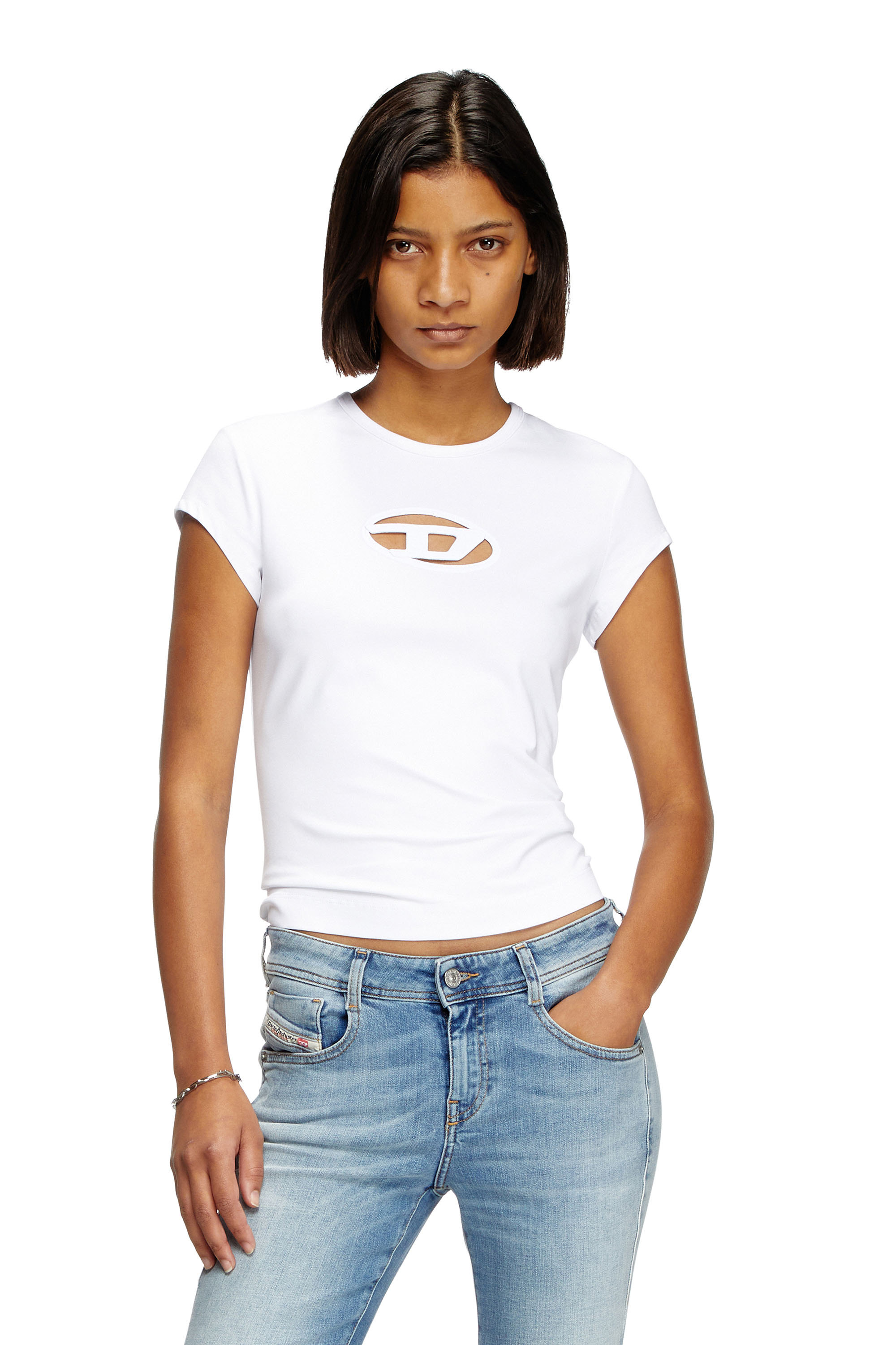 Diesel - T-ANGIE, Woman's T-shirt with peekaboo logo in White - 3