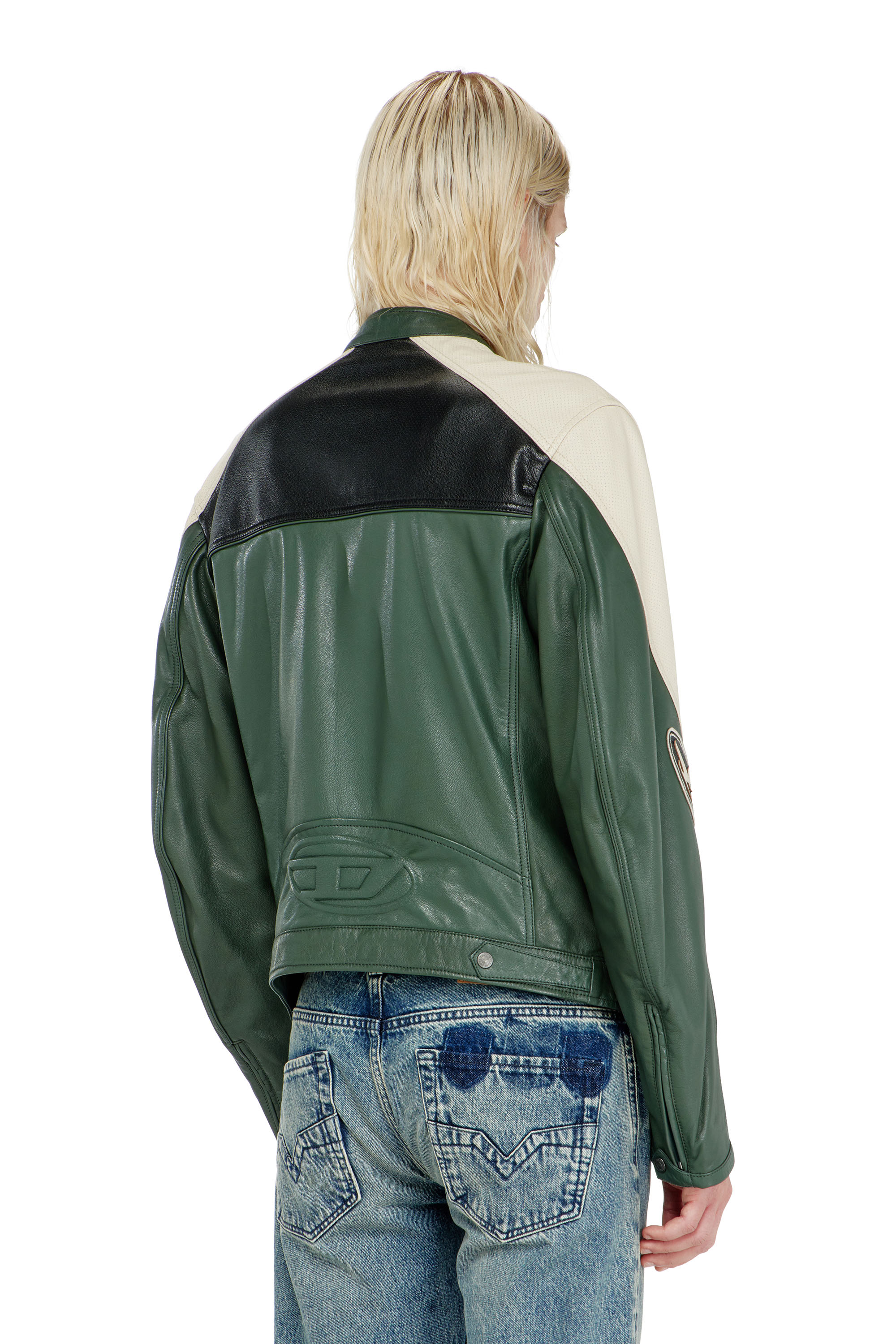 Diesel - L-AHTI, Man's Biker jacket in colour-block perforated leather in null - 4