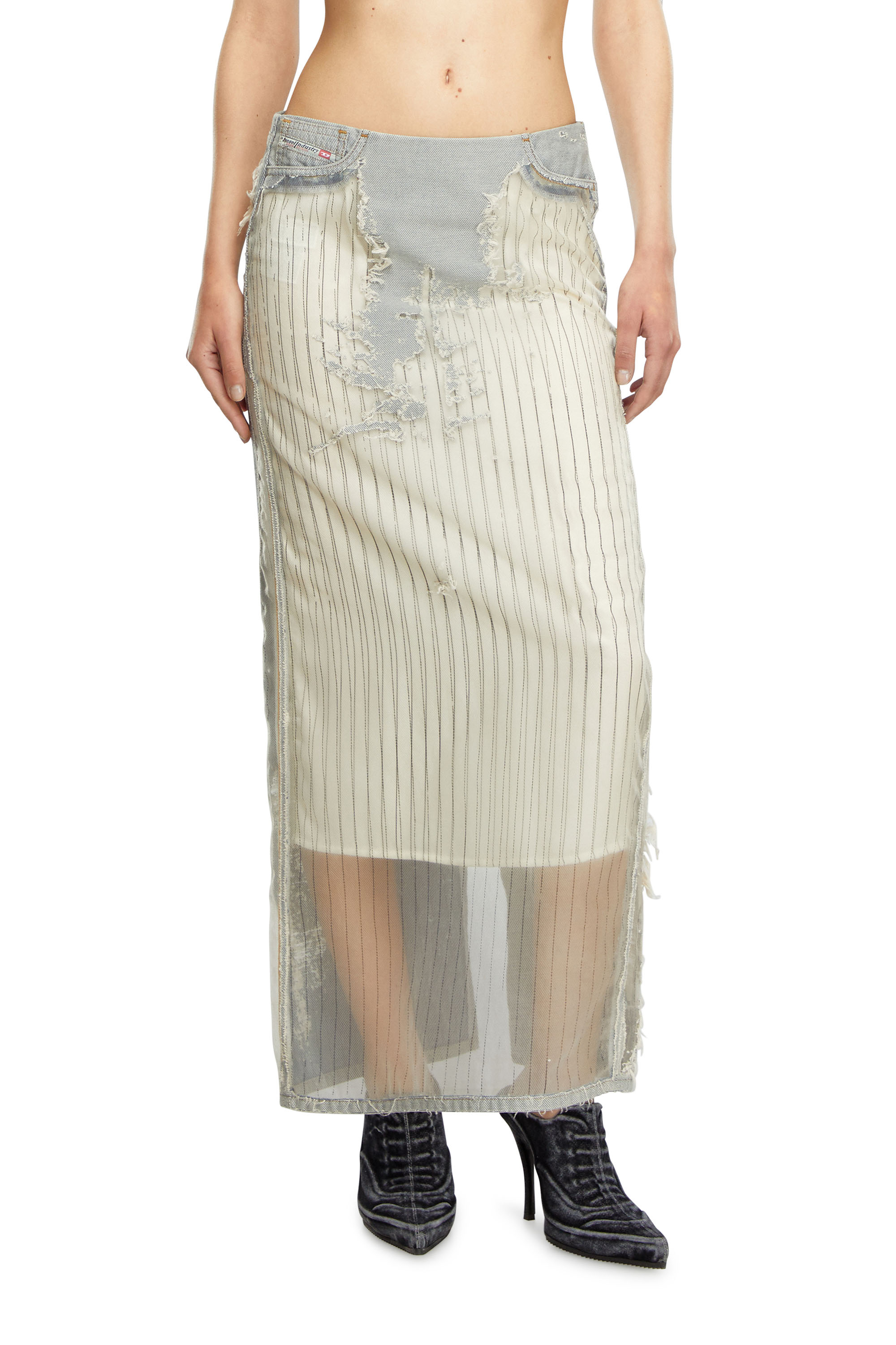 Diesel - DE-PIGO-FSE, Woman Long skirt in pinstriped devoré denim in White - Image 1
