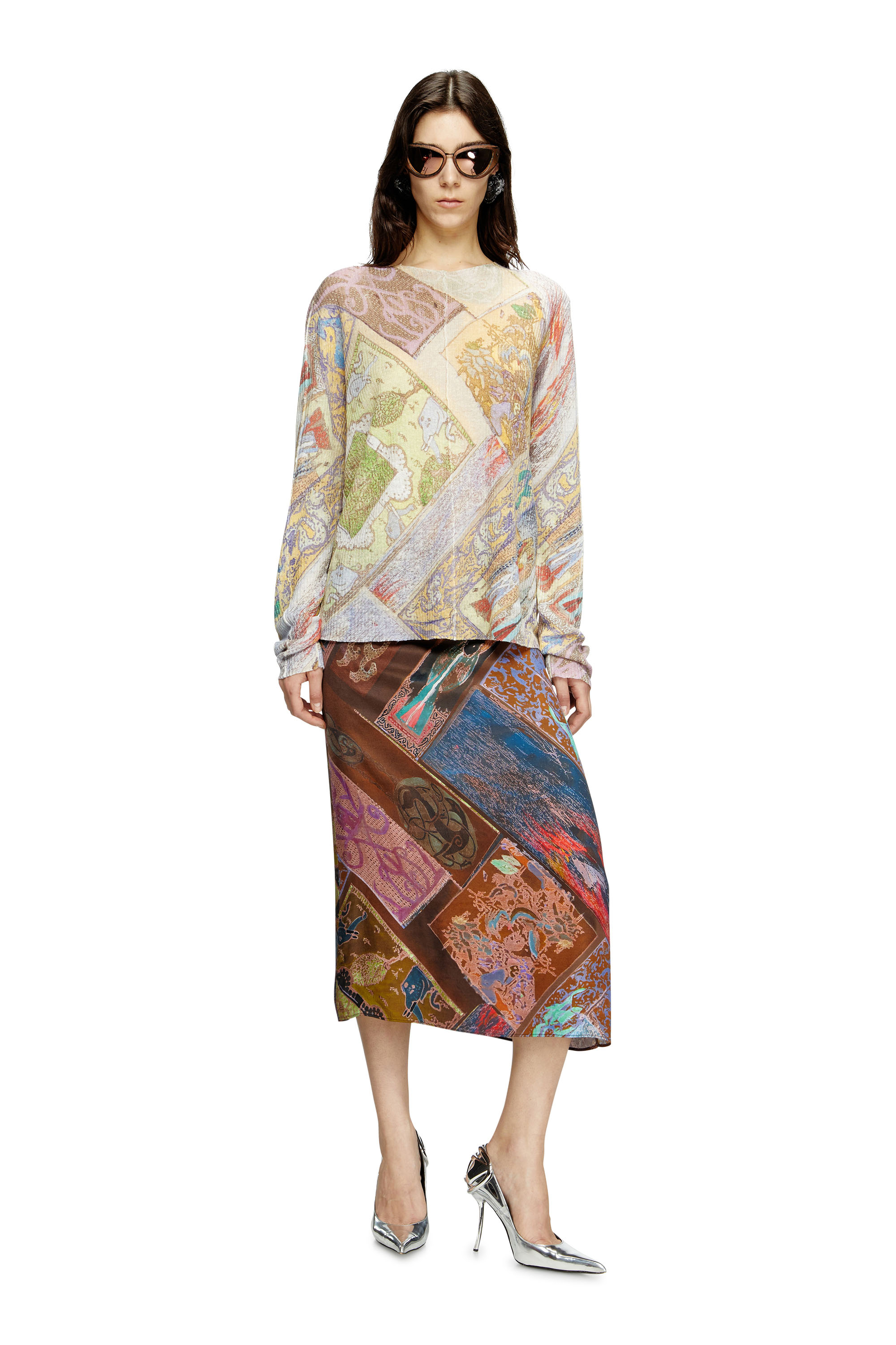 Diesel - O-RCHID, Woman's Viscose midi skirt with Heraldic print in Brown - 1