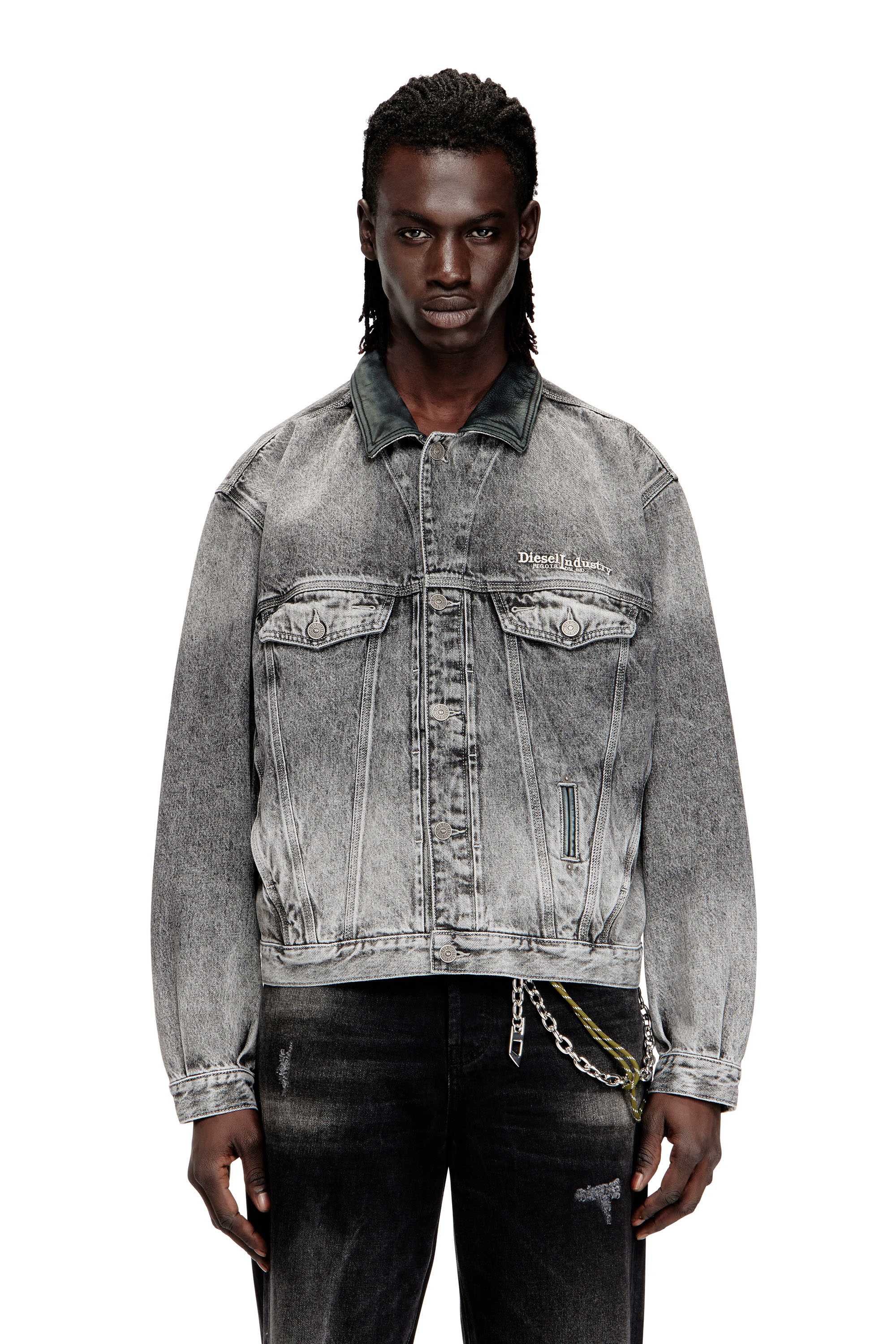 Diesel - D-DENVER-S, Unisex's Denim trucker jacket with tonal leather trims in Grey - 3