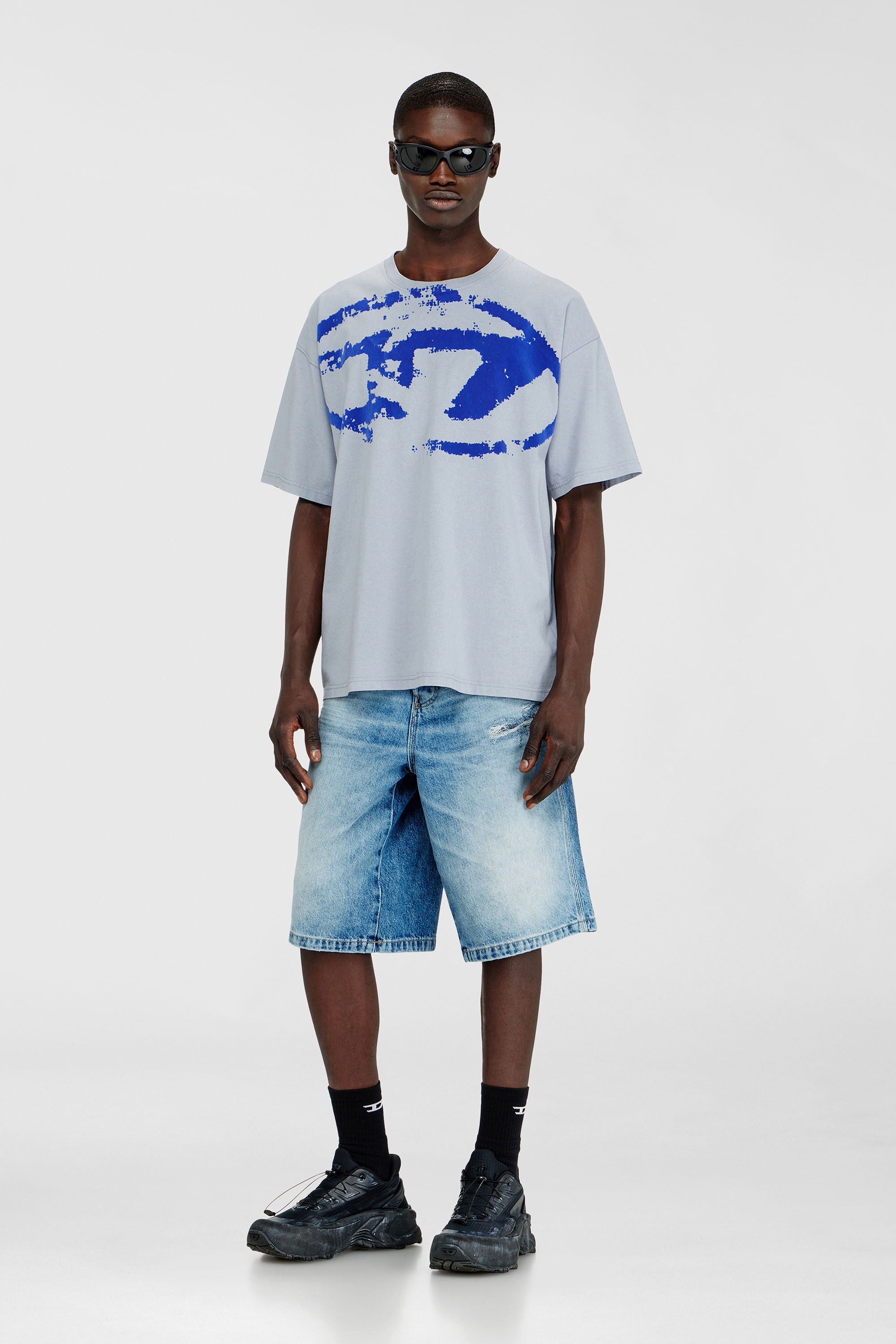 Diesel - T-BOXT-N14, Man's T-shirt with distressed flocked logo in Light Blue - 1