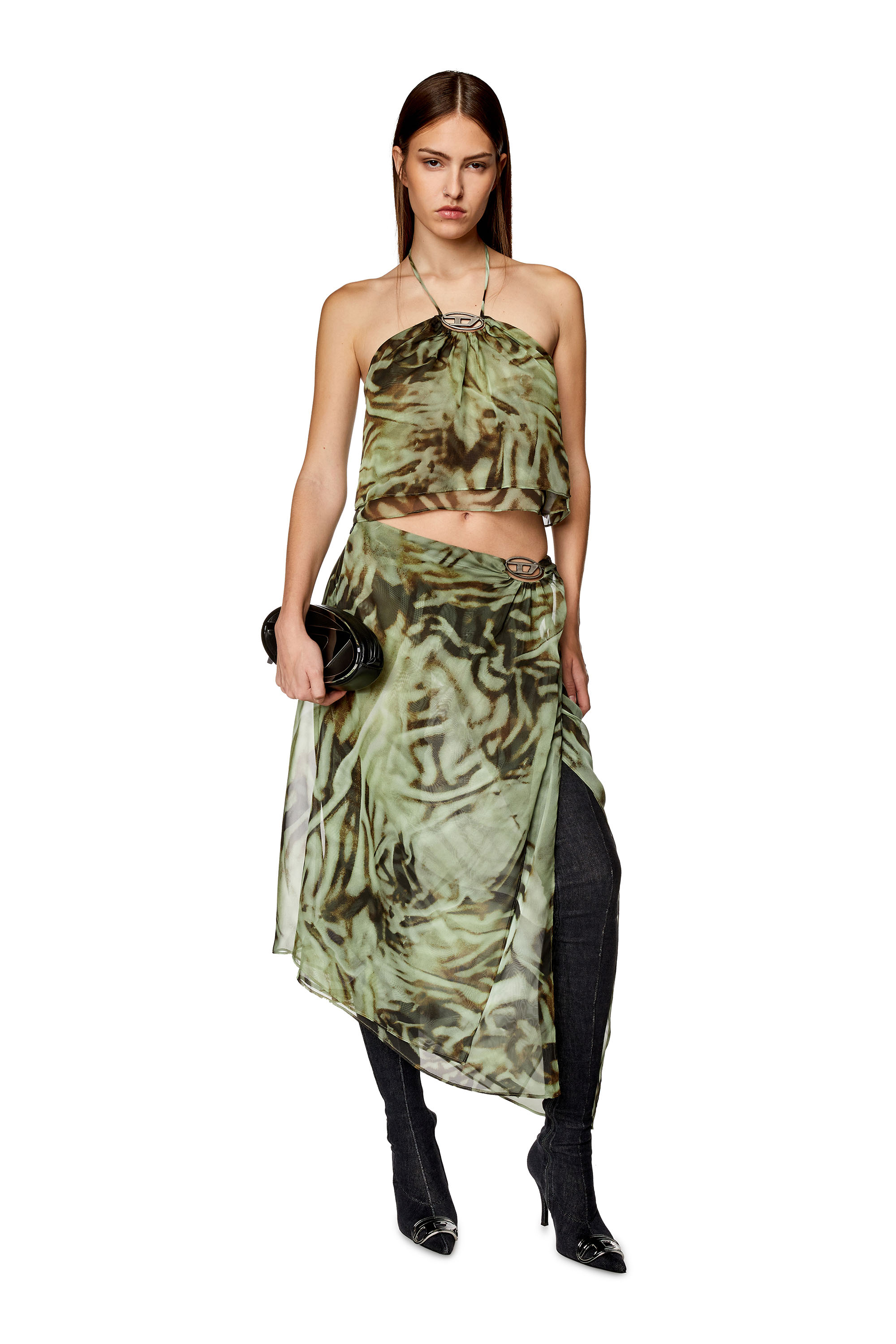 Diesel - O-STENT, Woman Asymmetric midi skirt in camo chiffon in Green - Image 2