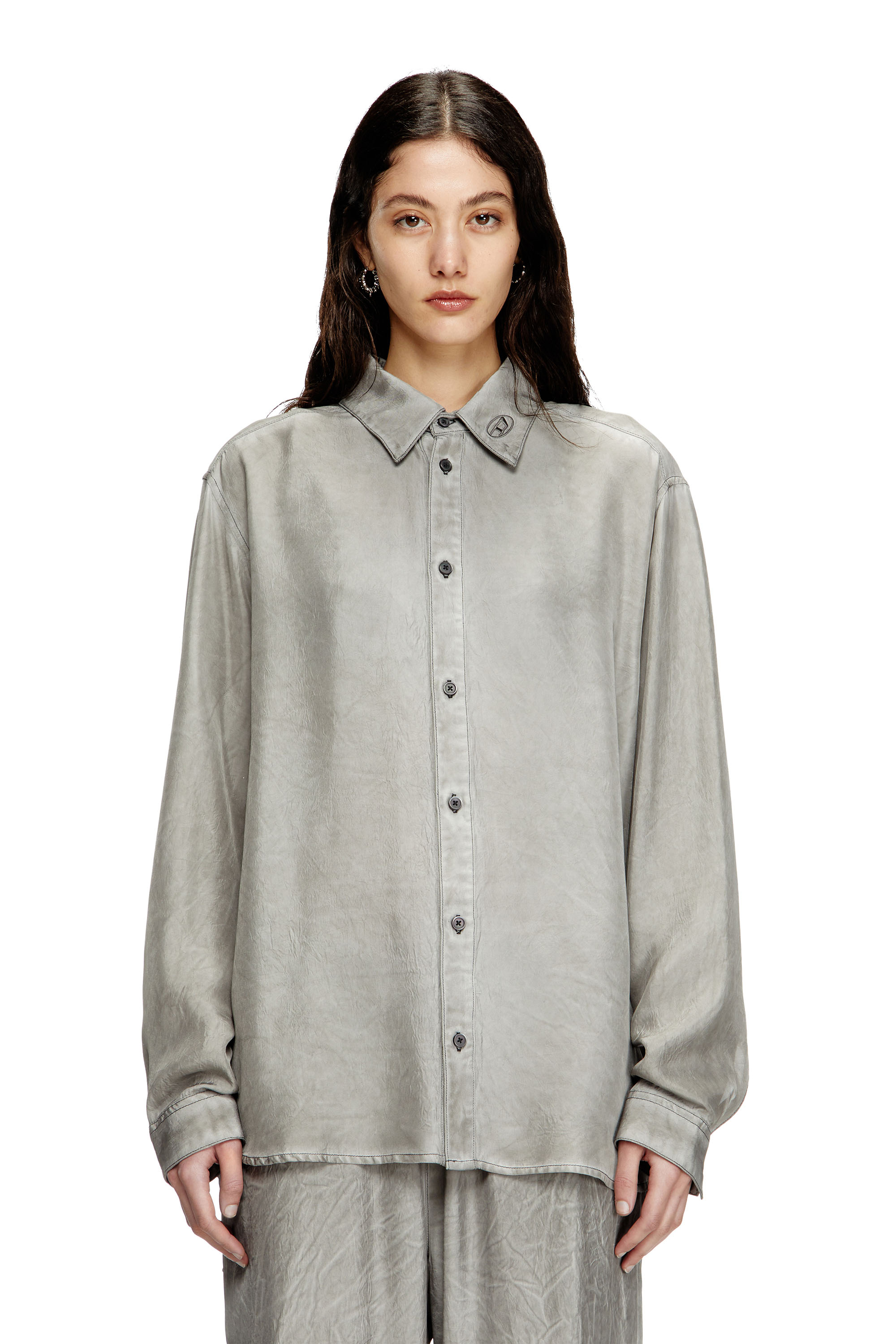 Diesel - S-LEON, Unisex's Fluid crinkled shirt with logo collar in Grey - 5