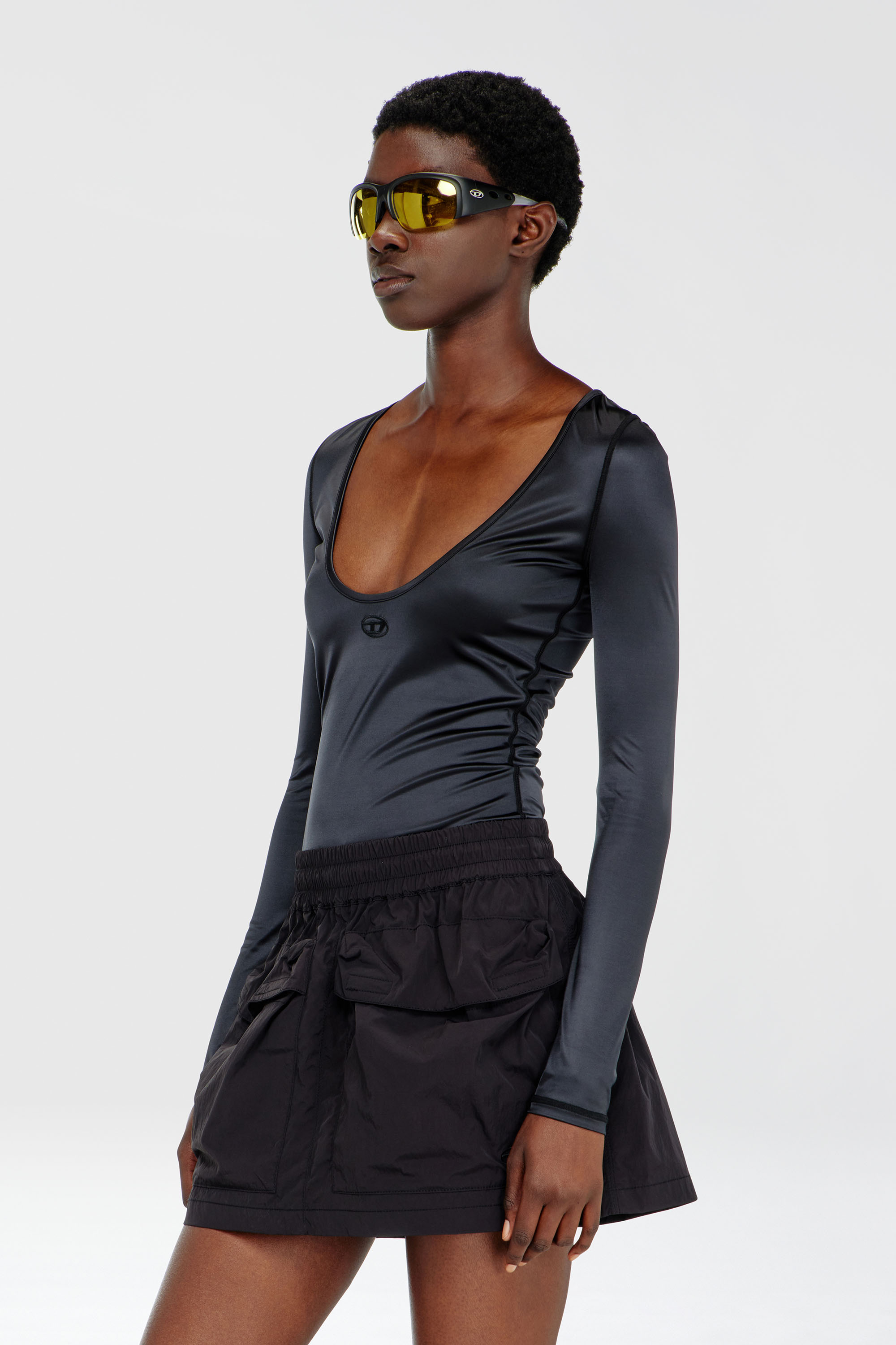 Diesel - T-ELPHIN-LS, Woman's Nylon slim top scoop neck with Logo Oval D embroidery in Black - 1