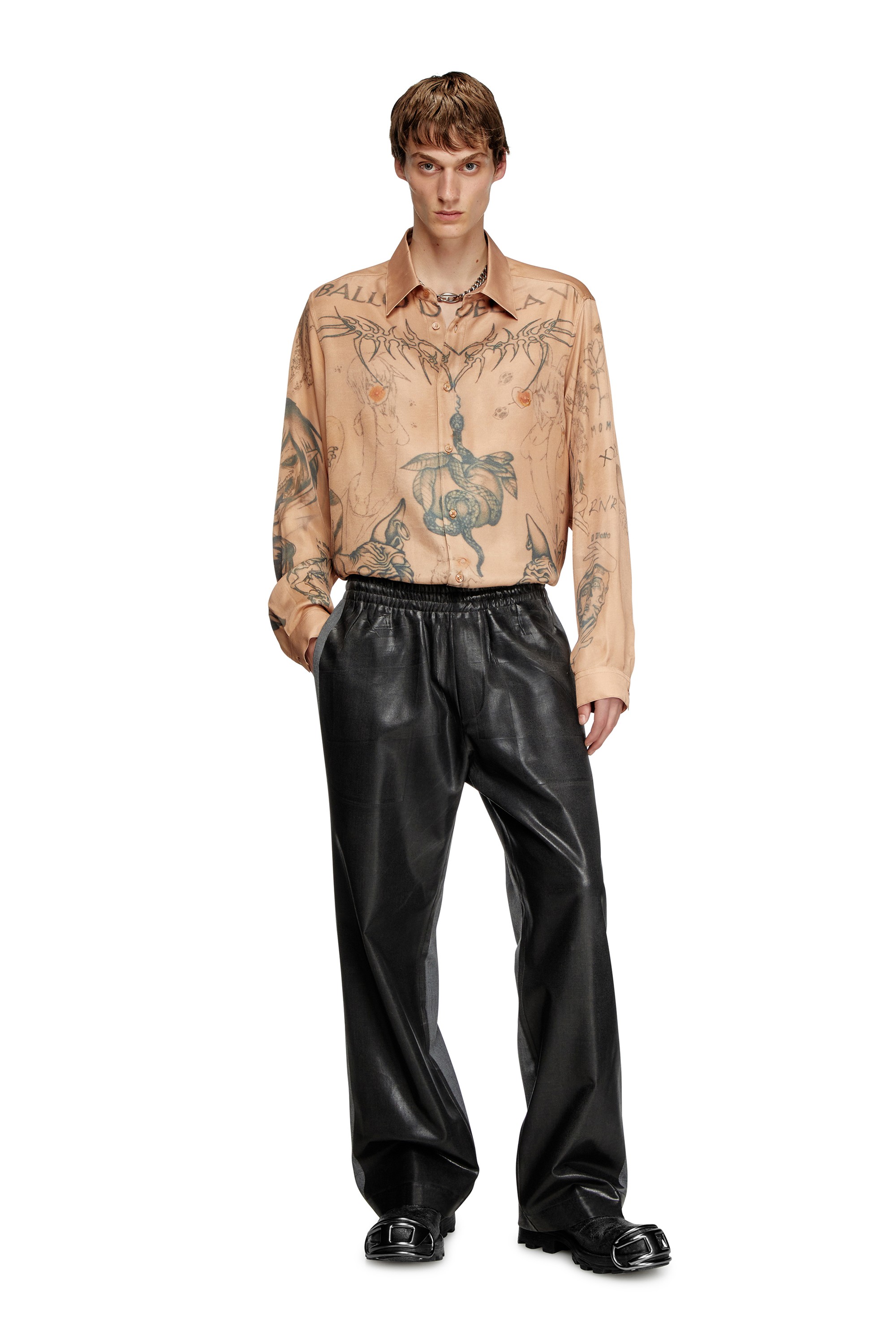 Diesel - S-SIMPLY-TTO-DD, Unisex's Fluid satin shirt with tattoo print in Beige - 5