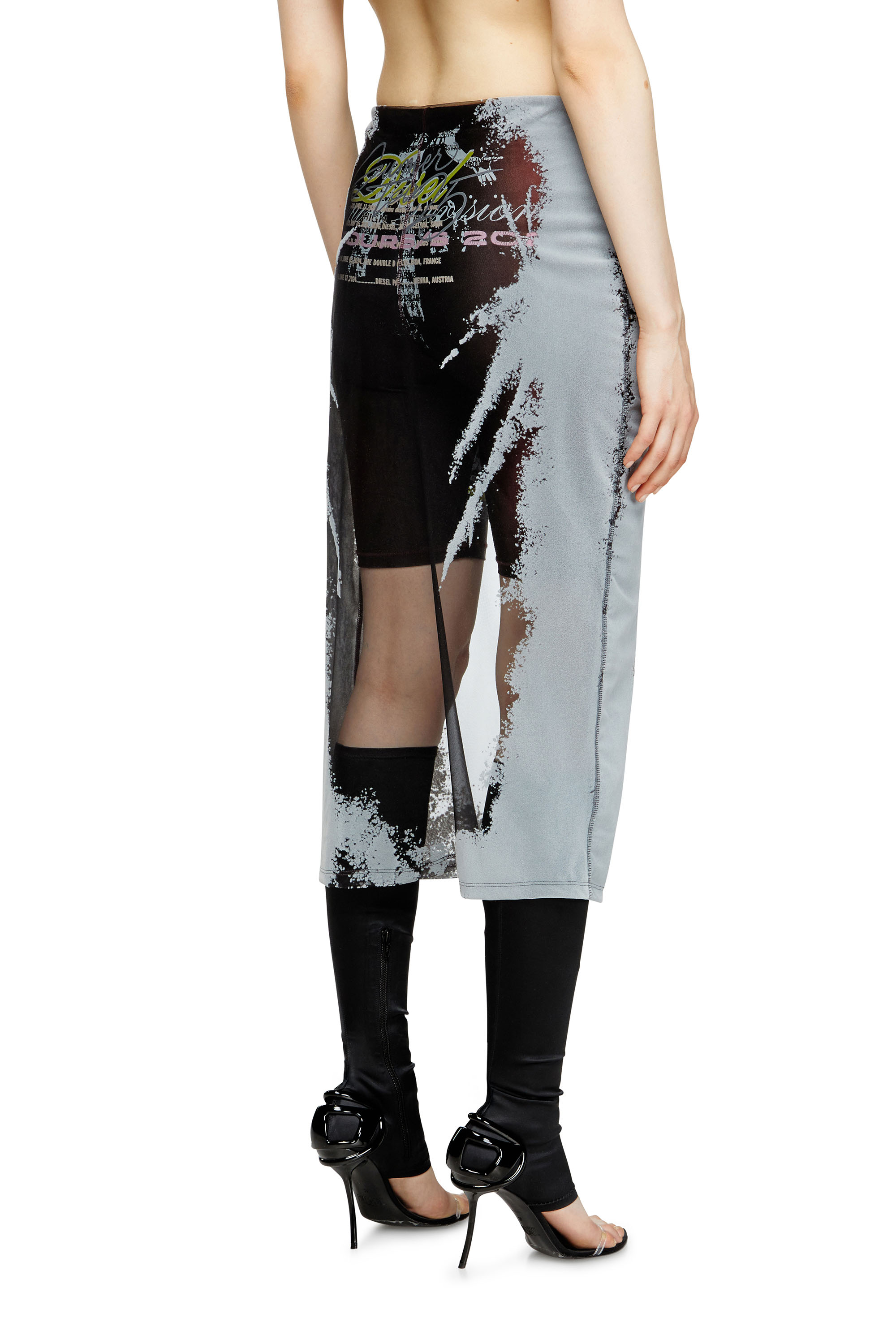 Diesel - O-LYAC, Woman's Layered midi skirt with lyrics print in Black/Grey - 4