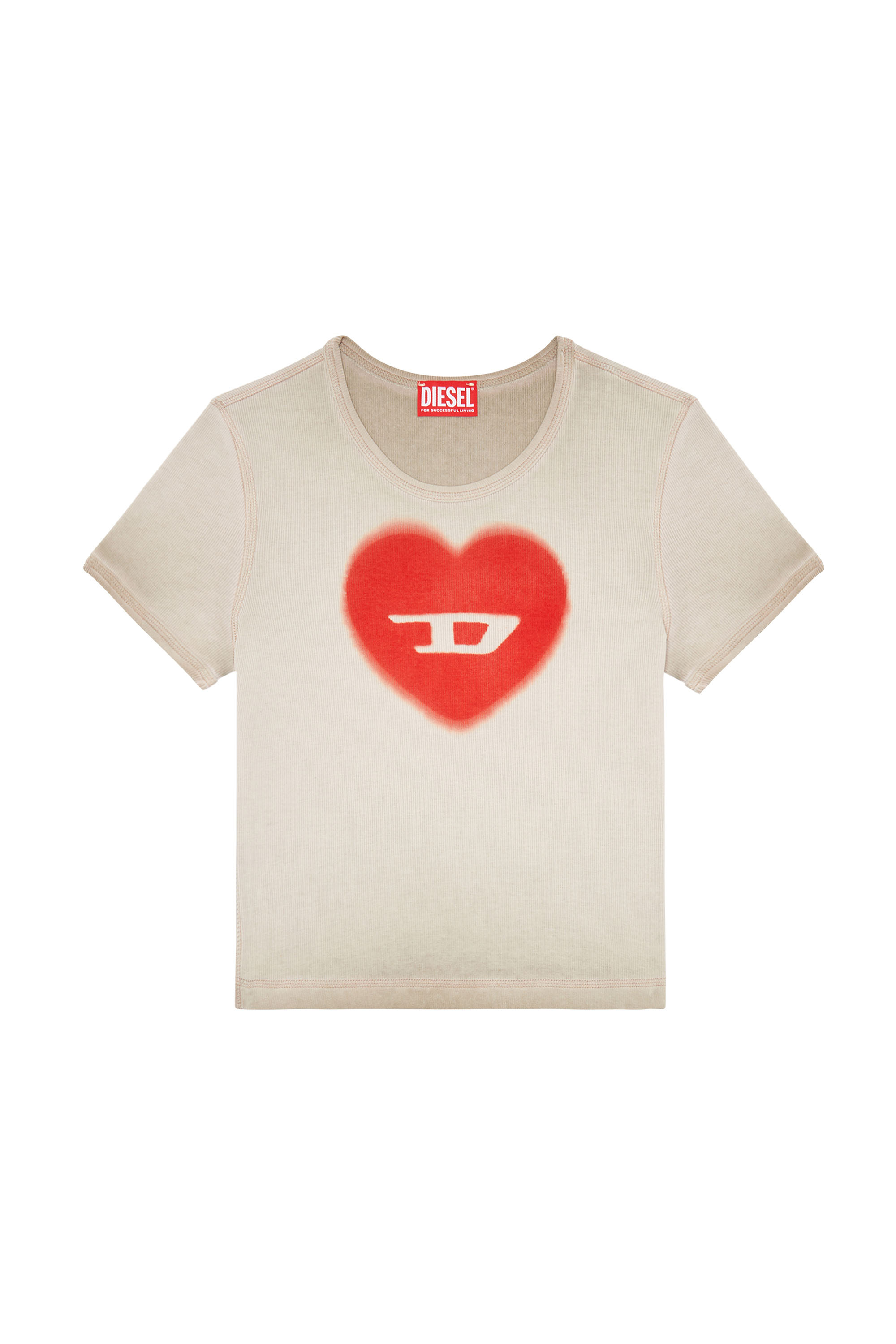 Diesel - T-ELE, Woman Ribbed T-shirt with watercolour heart D in Beige - Image 3