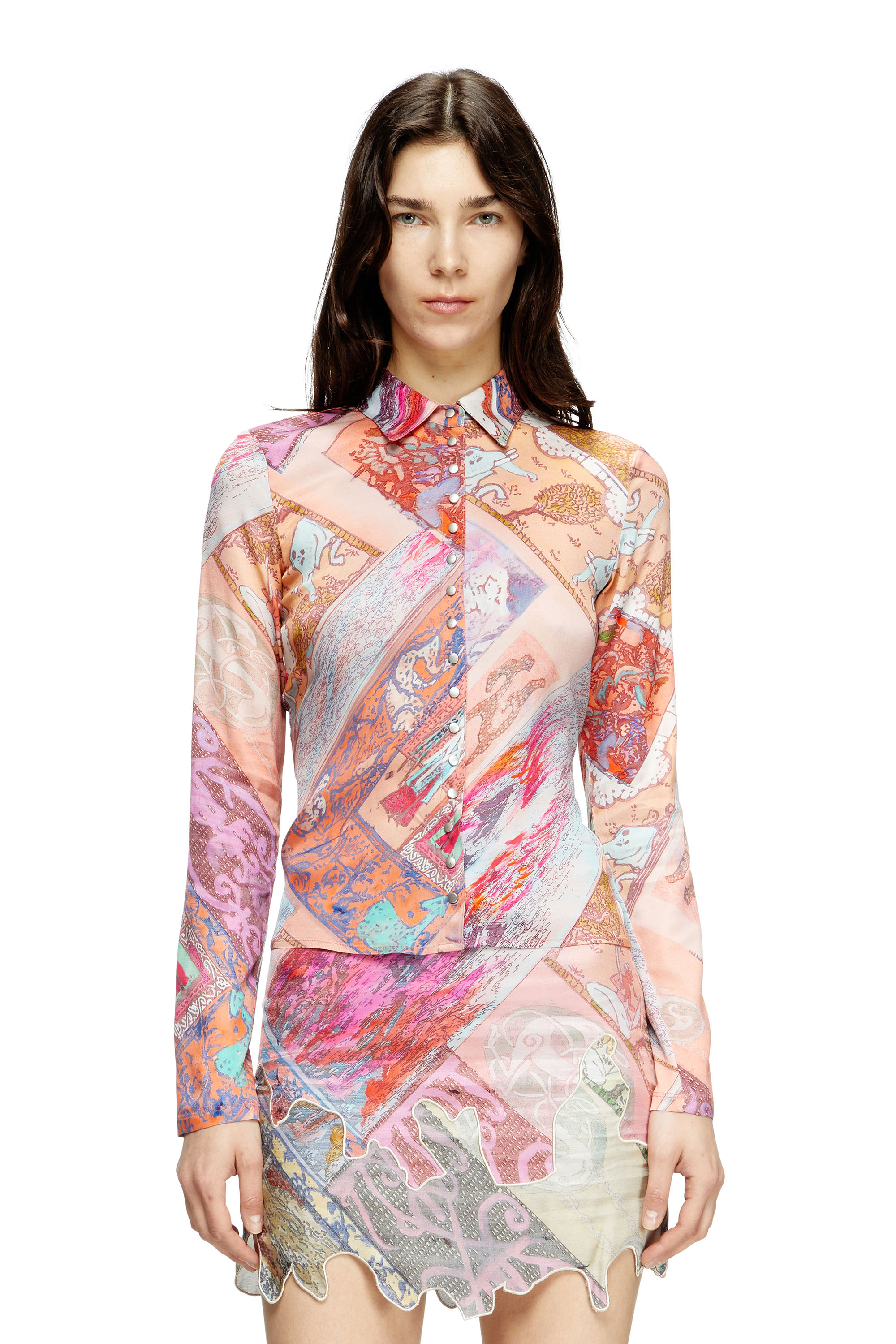 C-AMELIA, Pink Diesel - C-AMELIA, Woman's Stretch-viscose shirt with Heraldic print in Pink - 3